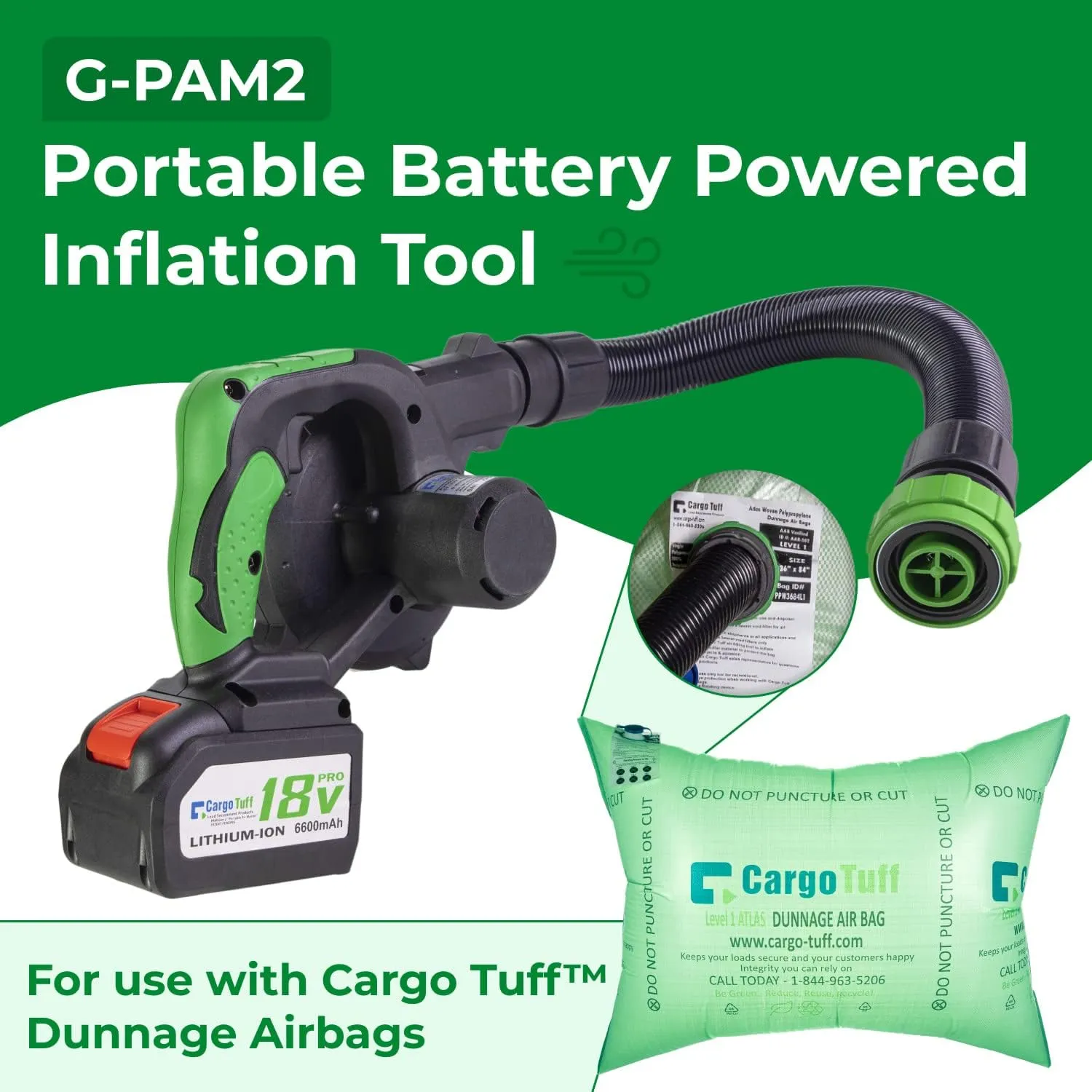 IDL Packaging G-PAM2 Inflation Tool for CargoTuff Dunnage Bags, Battery Powered, Portable - Powerful Inflator Tool with Rechargeable Batteries - Specially Made to Inflate Dunnage AirBags, Black