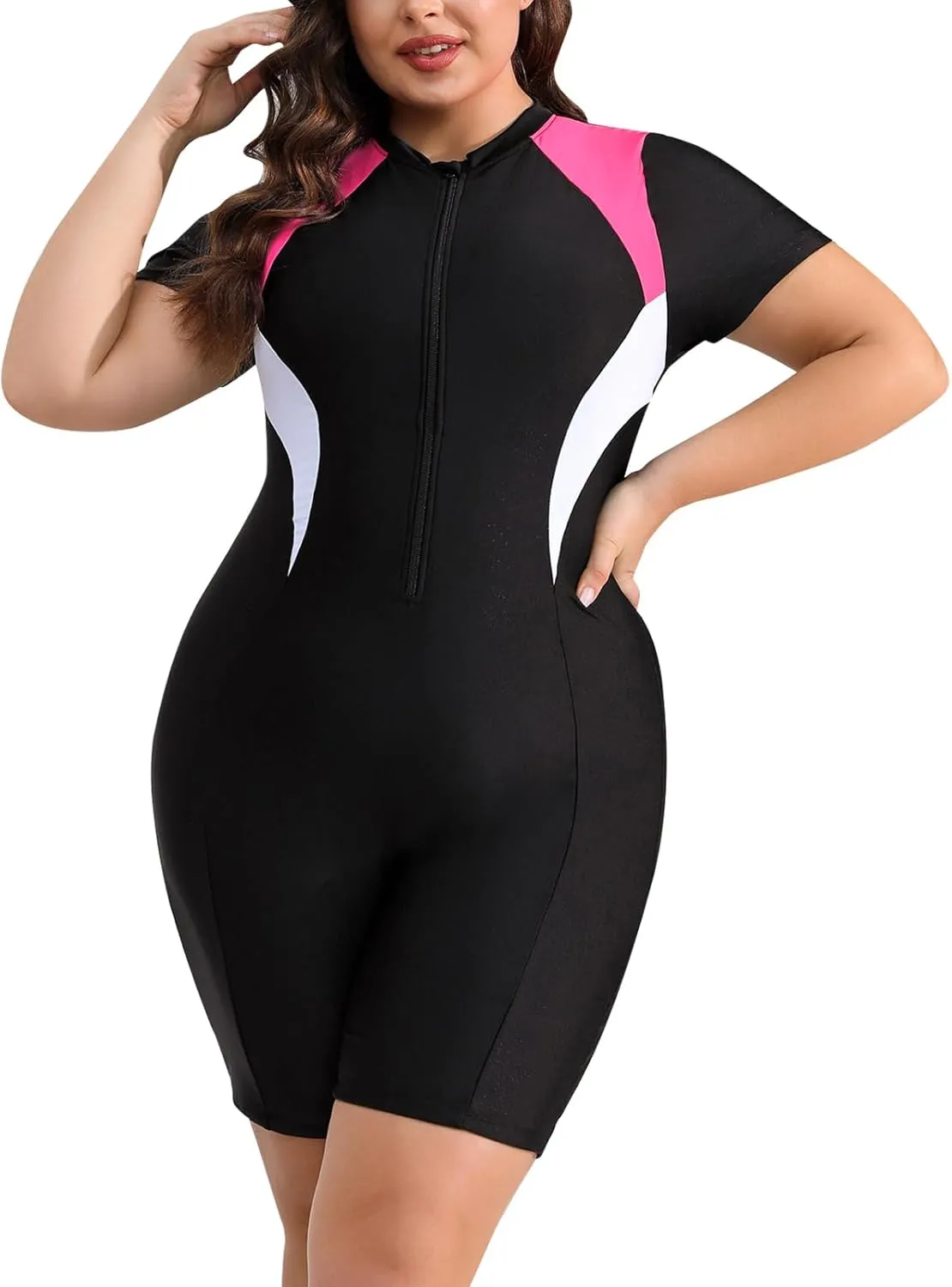 IMEKIS Plus Size Rash Guard for Women UPF 50  Active Rashguard One Piece Swimsuit Zipper Surfing Wetsuit