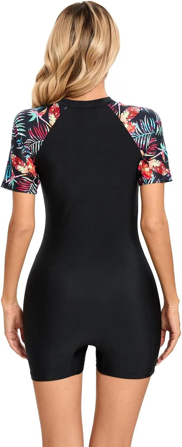 IMEKIS Women's One Piece Rash Guard Swimsuit UV Protection Floral Printed Surfing Zipper Swimwear Bathing Suit Beachwear