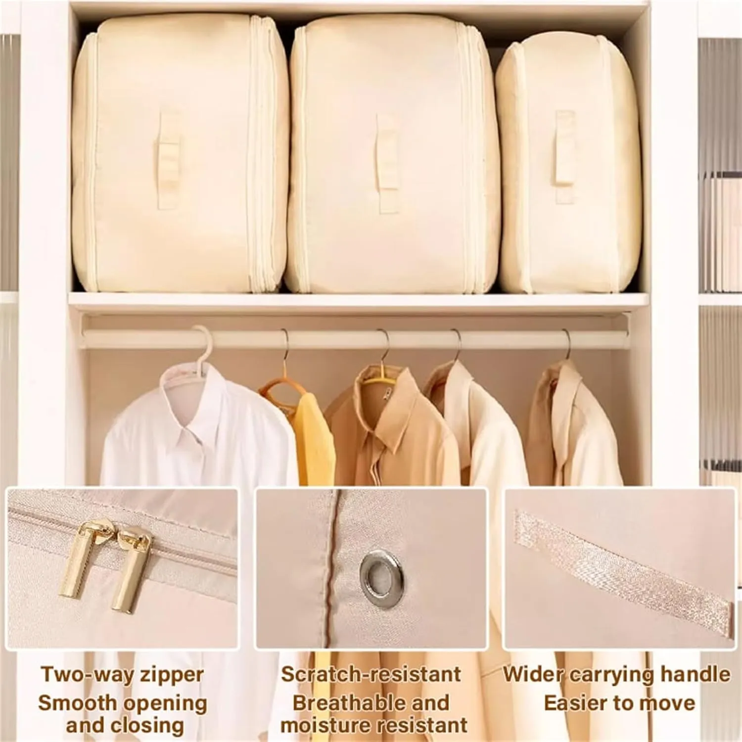 Implicationi Compression Organizer, Ultra Space Saving Self Compression Organizer, Heavy Duty Moving Bags for Comforters, Premium Comforter Storage Bag Packaging Cube (Beige, Large)