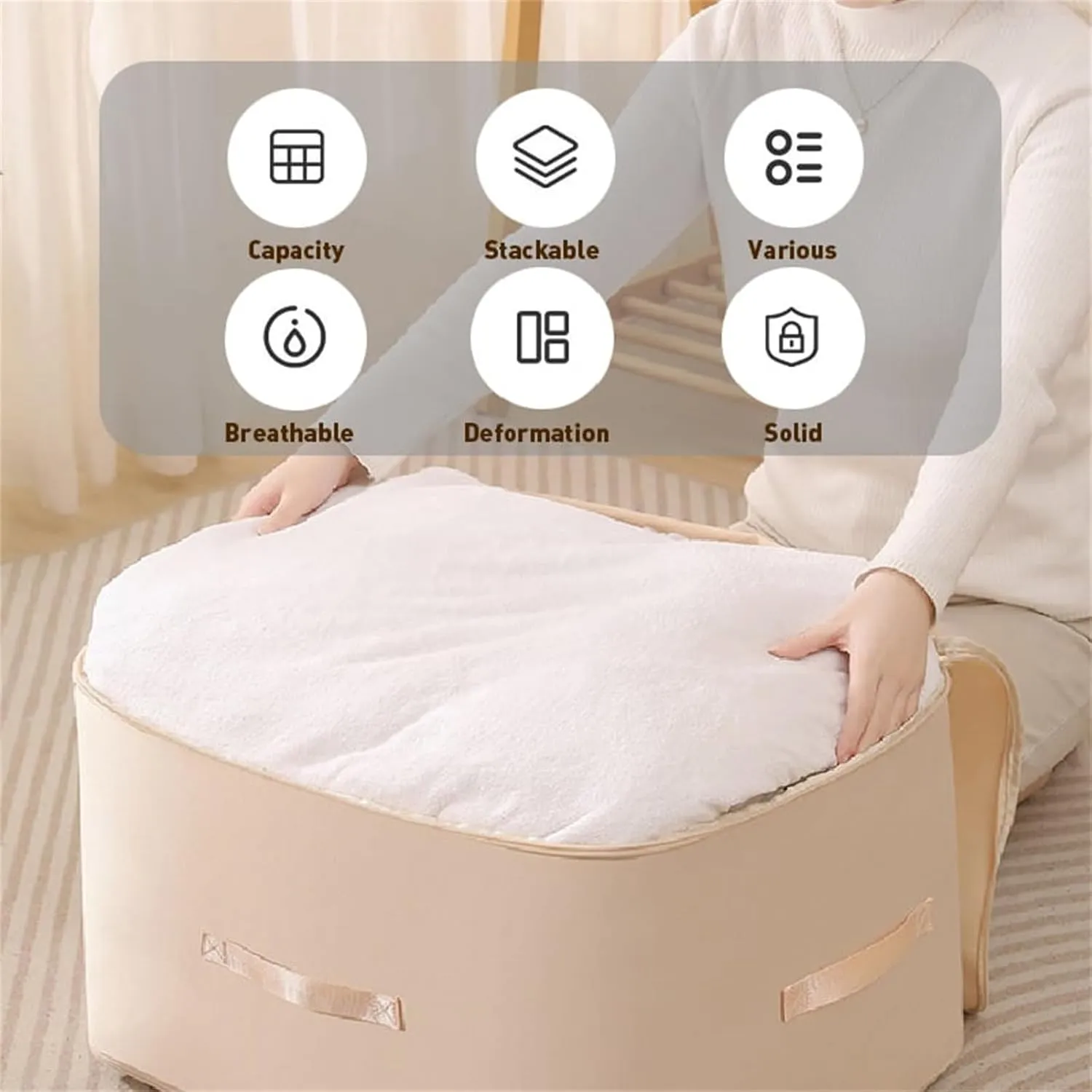 Implicationi Compression Organizer, Ultra Space Saving Self Compression Organizer, Heavy Duty Moving Bags for Comforters, Premium Comforter Storage Bag Packaging Cube (Beige, Large)