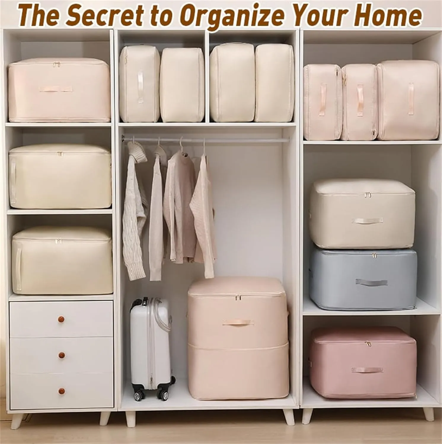 Implicationi Compression Organizer, Ultra Space Saving Self Compression Organizer, Heavy Duty Moving Bags for Comforters, Premium Comforter Storage Bag Packaging Cube (Beige, Large)