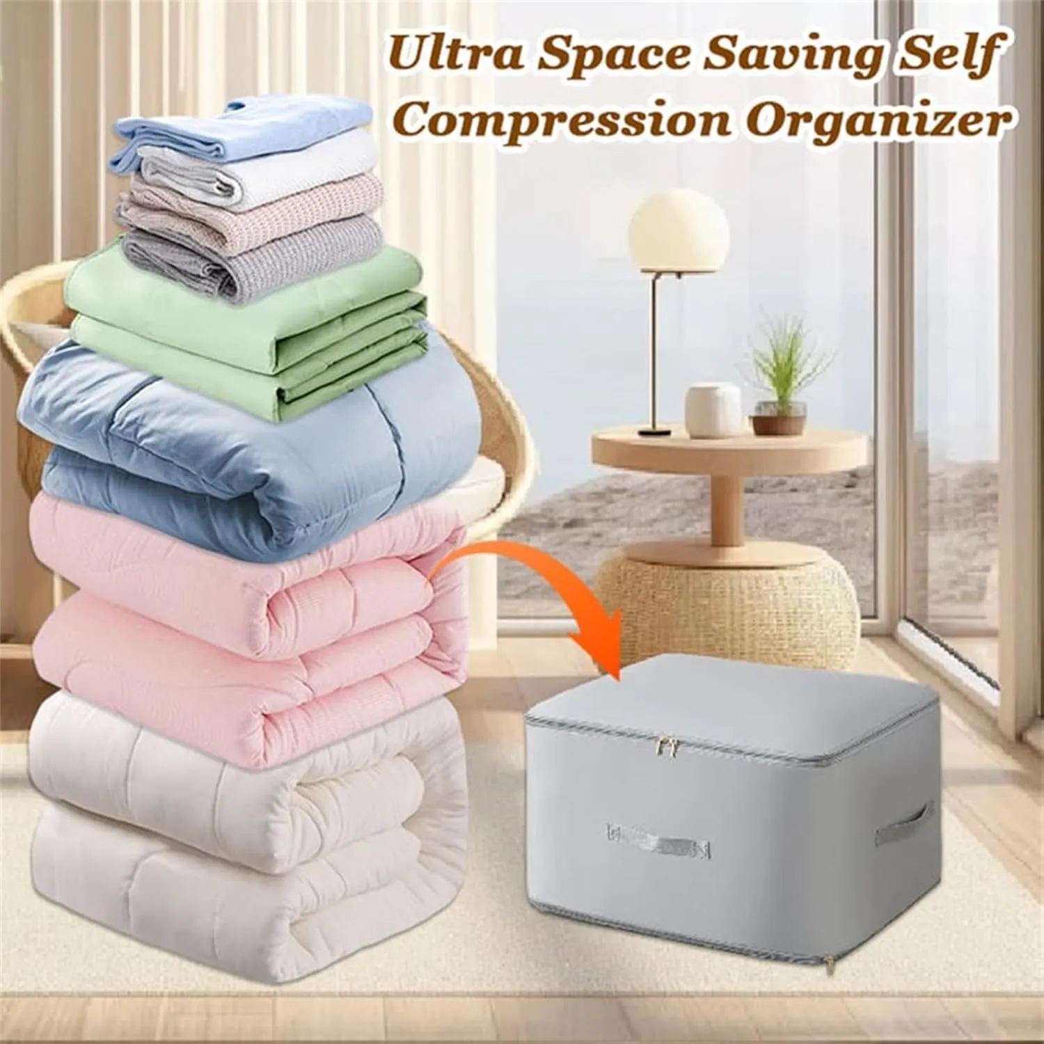 Implicationi Compression Organizer, Ultra Space Saving Self Compression Organizer, Heavy Duty Moving Bags for Comforters, Premium Comforter Storage Bag Packaging Cube (Beige, Large)
