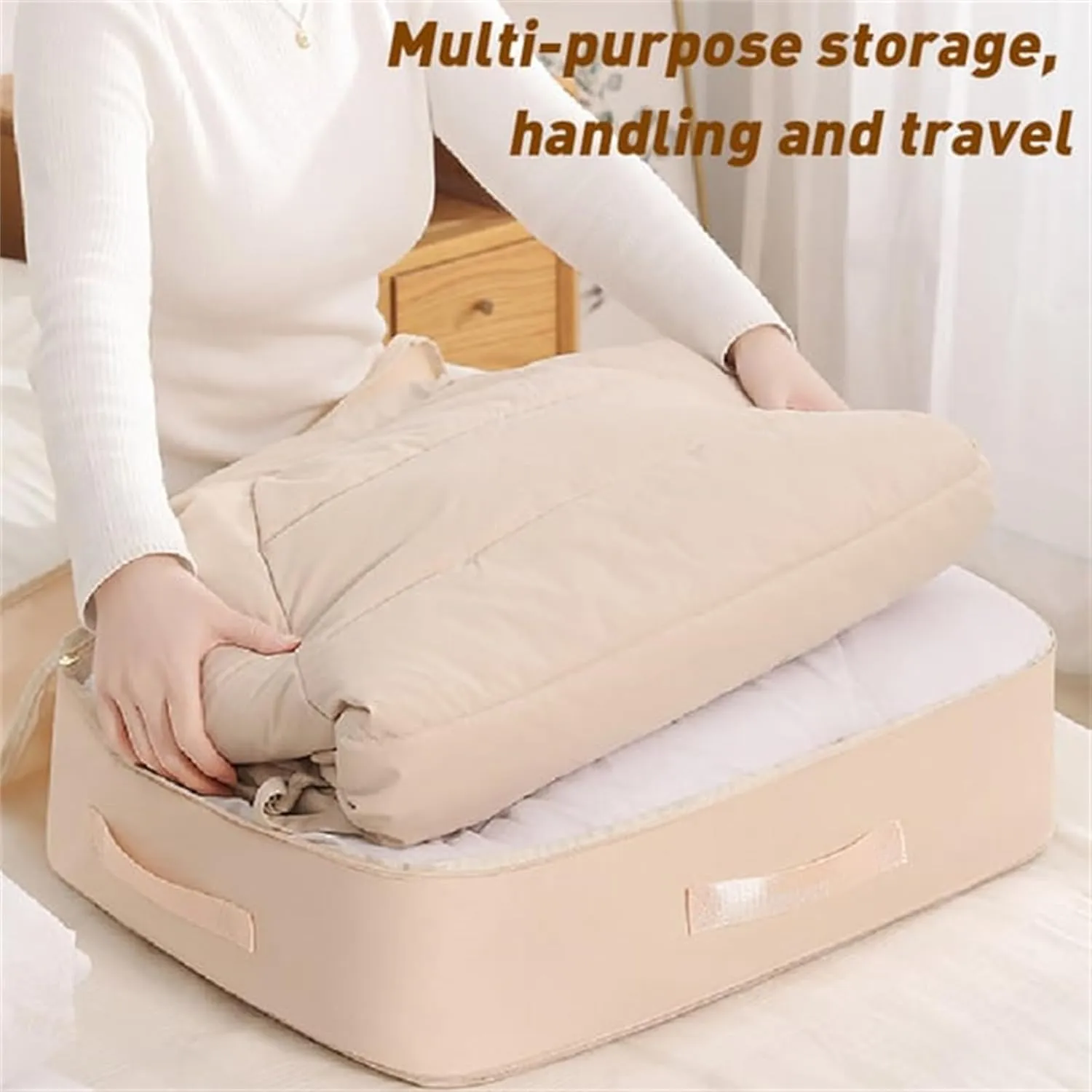 Implicationi Compression Organizer, Ultra Space Saving Self Compression Organizer, Heavy Duty Moving Bags for Comforters, Premium Comforter Storage Bag Packaging Cube (Beige, Large)