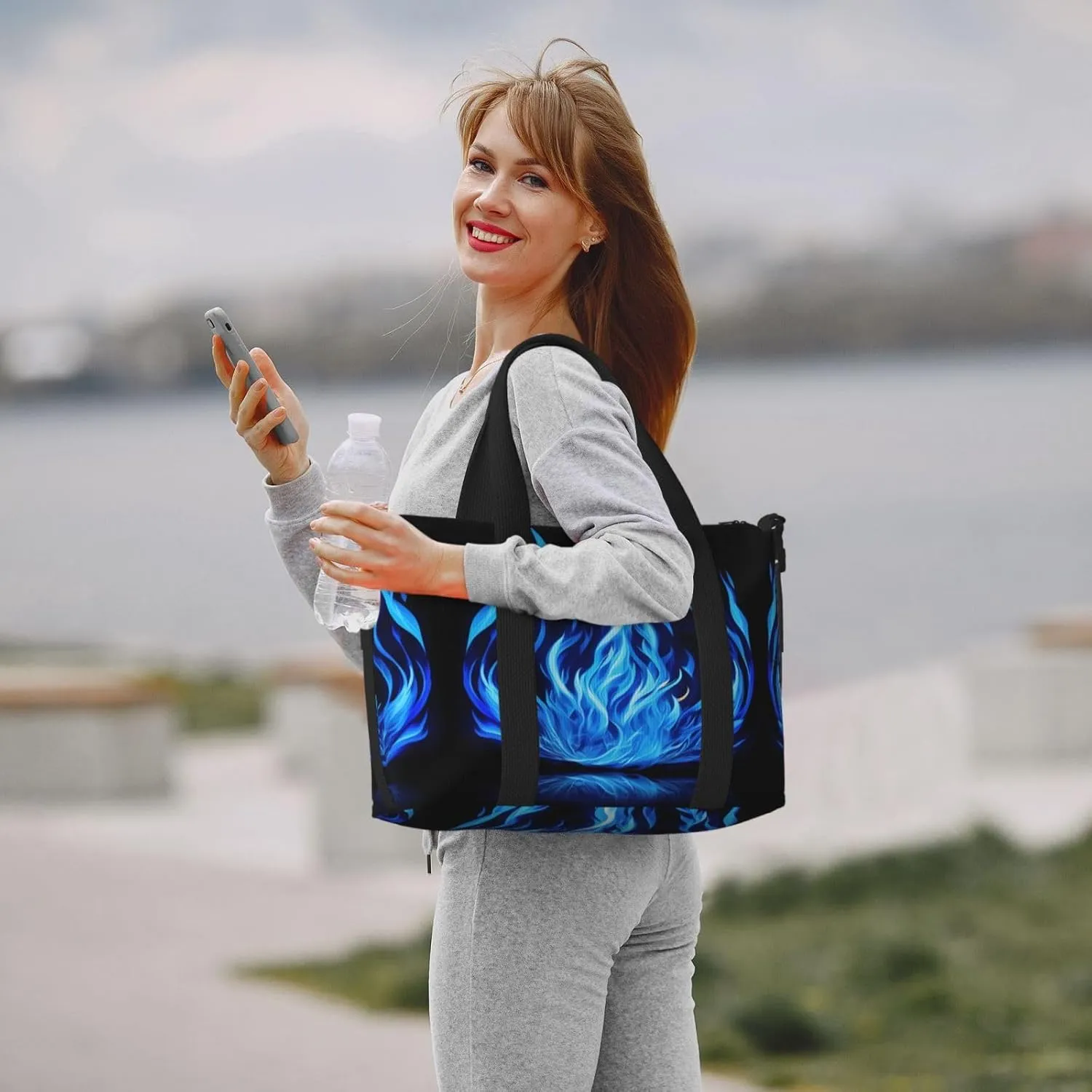 Indigo Flame Print Travel Bags, Weekender Carry On For Women, Sports Gym Bag, Workout Duffel Bag,Overnight