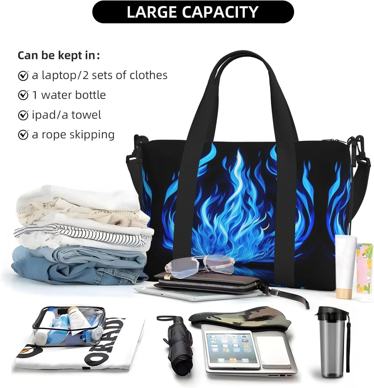 Indigo Flame Print Travel Bags, Weekender Carry On For Women, Sports Gym Bag, Workout Duffel Bag,Overnight