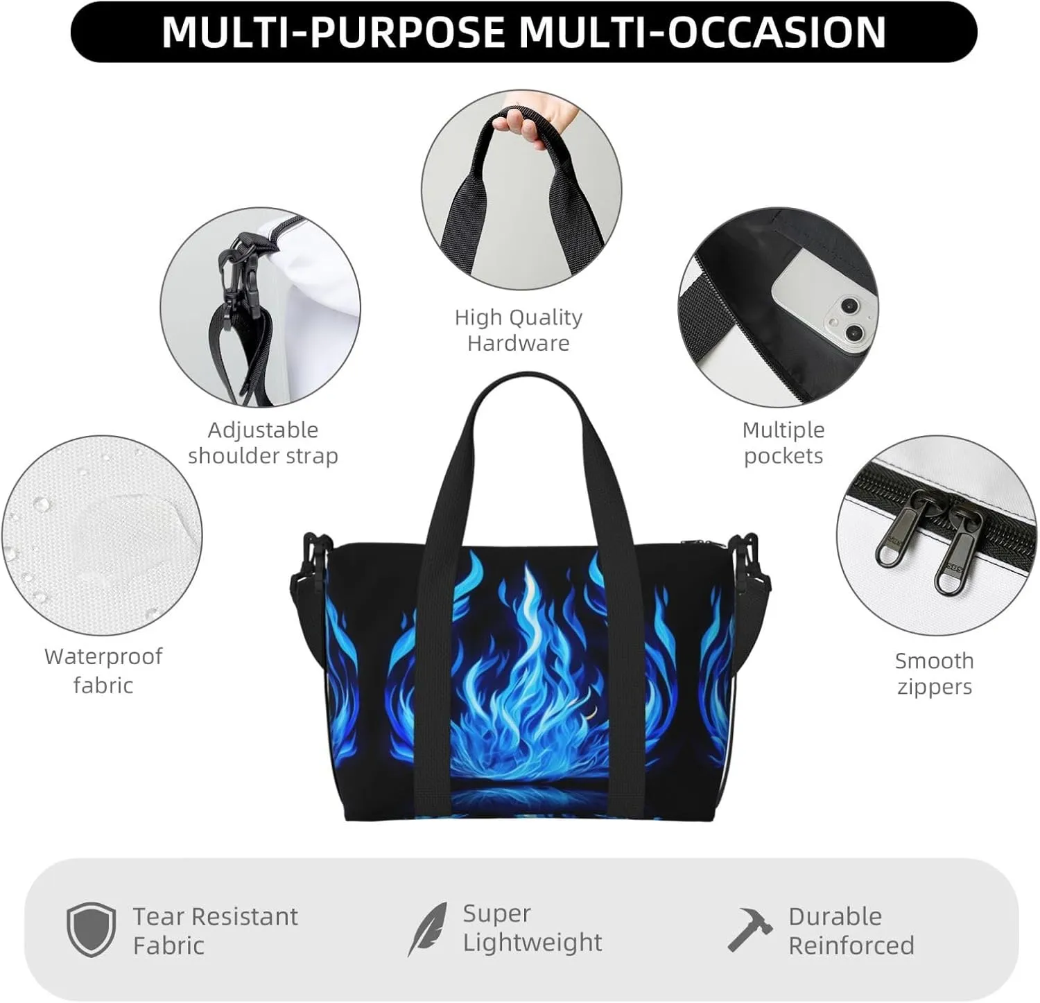 Indigo Flame Print Travel Bags, Weekender Carry On For Women, Sports Gym Bag, Workout Duffel Bag,Overnight