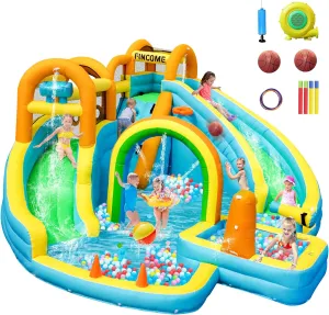 Inflatable Water Slide, Bounce House with Water Slides for Kids Backyard, Blow Up Water Park Bouncy House with 2 Waterslide, Splash Pool & Water Cannon for Backyard, Outdoor, Indoor