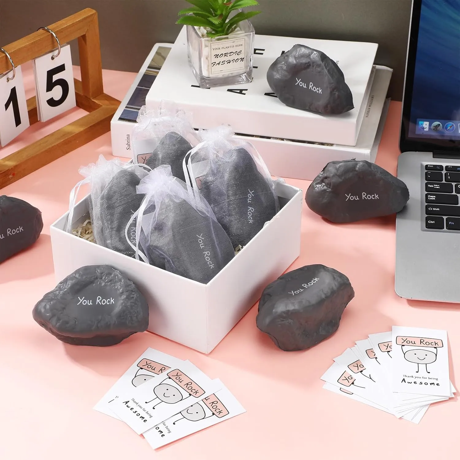 Inspirational Stress Foam Stone Bulk Motivational Stress Balls Relief Ball Appreciation Gifts with Card Organza Bag Thank You for Being Awesome Gifts, 4 Inch(50 Set,Stone)