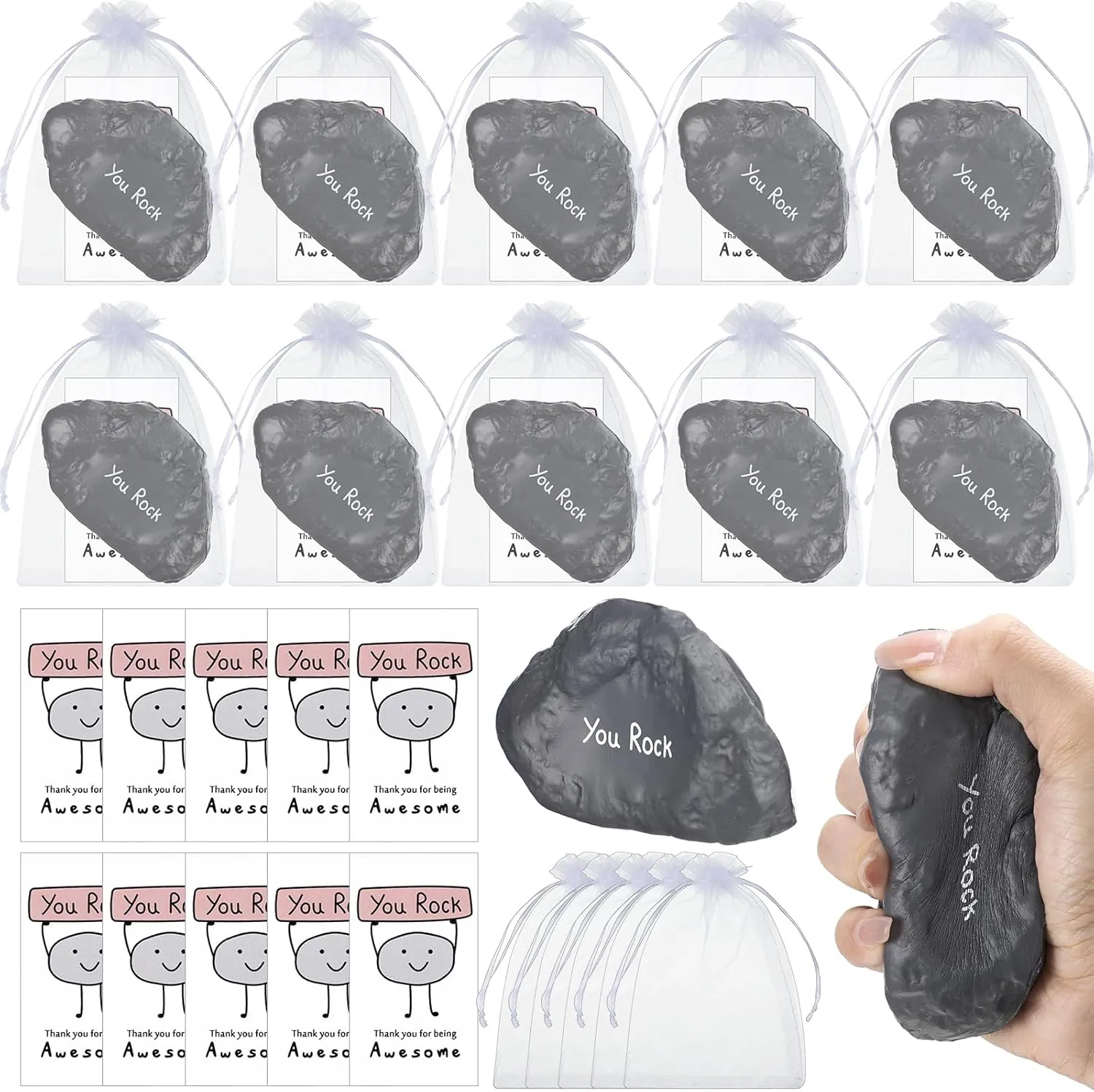 Inspirational Stress Foam Stone Bulk Motivational Stress Balls Relief Ball Appreciation Gifts with Card Organza Bag Thank You for Being Awesome Gifts, 4 Inch(50 Set,Stone)