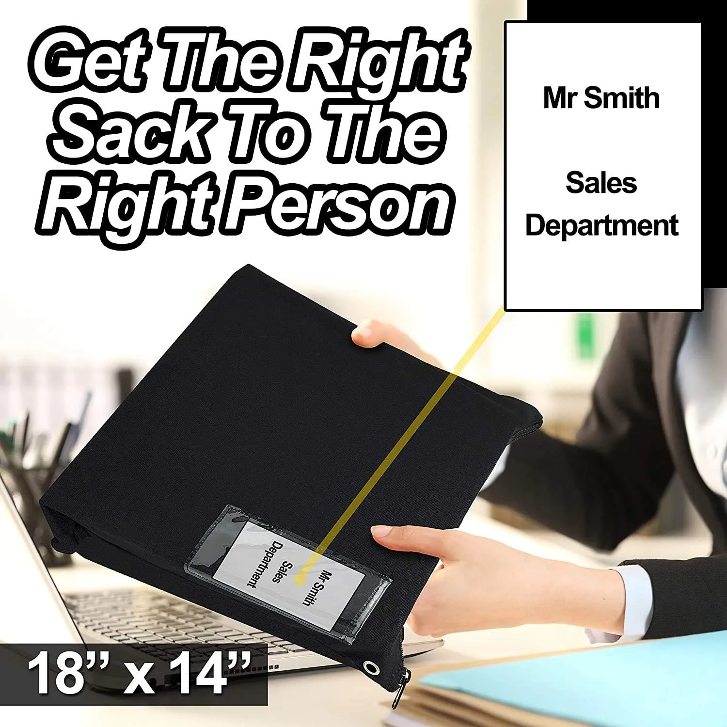 Interoffice Mailer Transit Sack – Extra Large & Durable – Black Canvas Zipper Bank Bag with ID Window (18" x 14", 10 Bags)