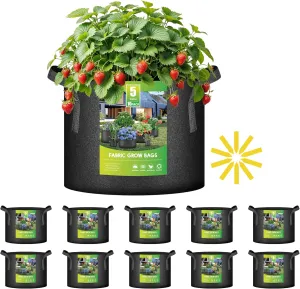 iPower 10 Pack 5 Gallon Grow Bags with Labels, 300G Thickened Nonwoven Plant Fabric Pots with Handles, Aeration Garden Grow Pots for Tomato Potato Vegetables, Fruits, Flowers, Black