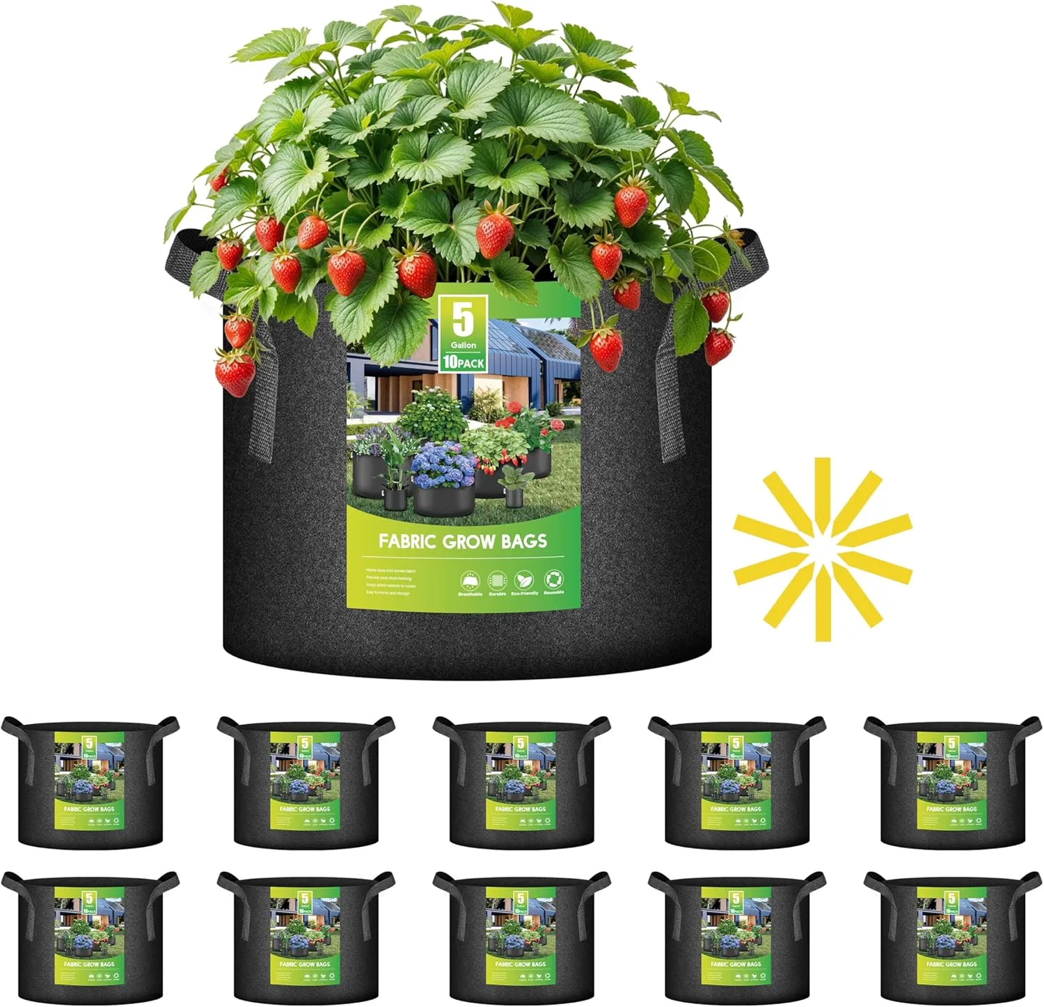 iPower 10 Pack 5 Gallon Grow Bags with Labels, 300G Thickened Nonwoven Plant Fabric Pots with Handles, Aeration Garden Grow Pots for Tomato Potato Vegetables, Fruits, Flowers, Black