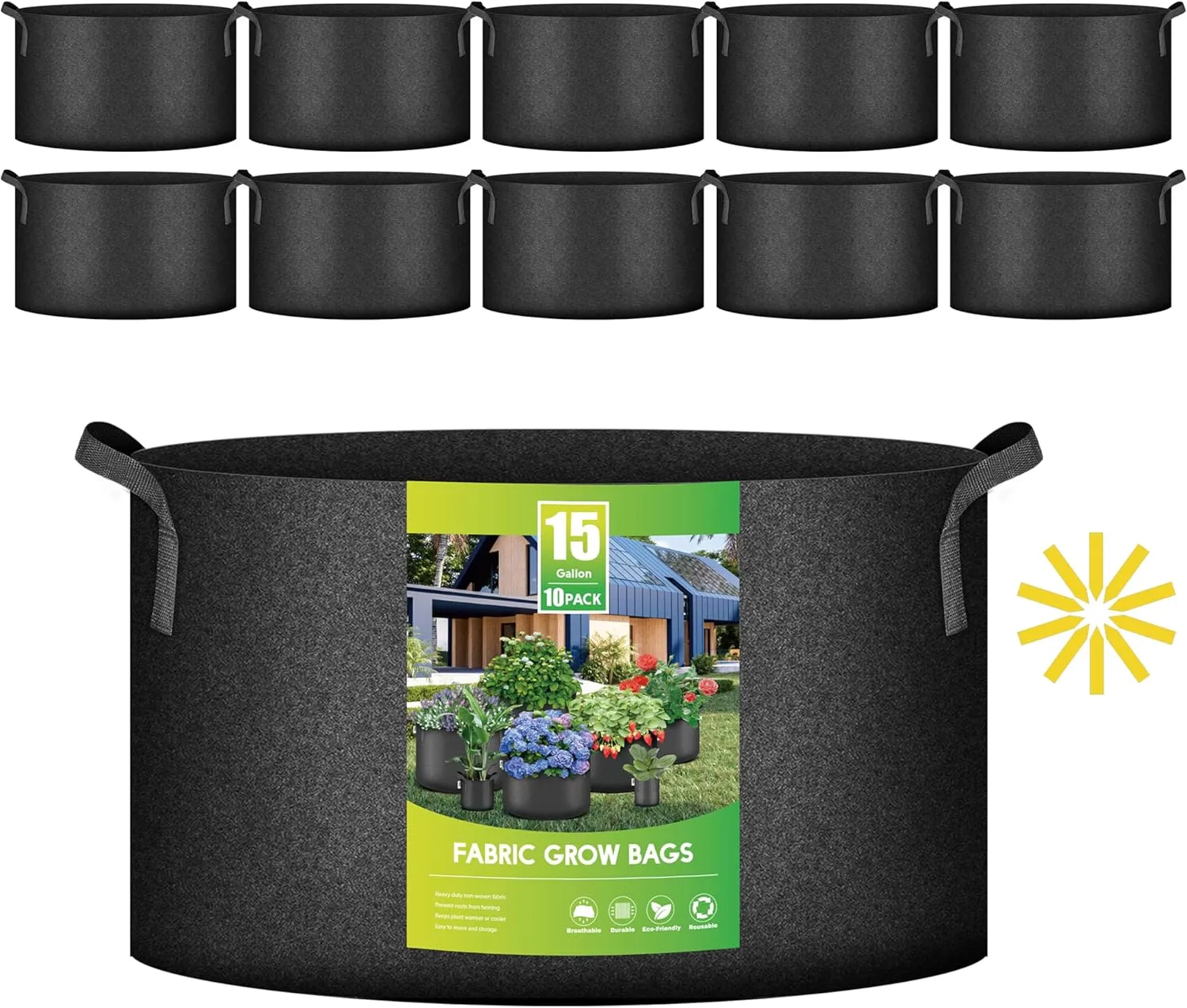 iPower 15 Gallon 10-Pack Plant Grow Bags Heavy Duty Thickened Nonwoven Fabric Potato Growing Pot, Aeration Durable Container with Reinforced Strap Handles, for Gardening & Planting Vegetable