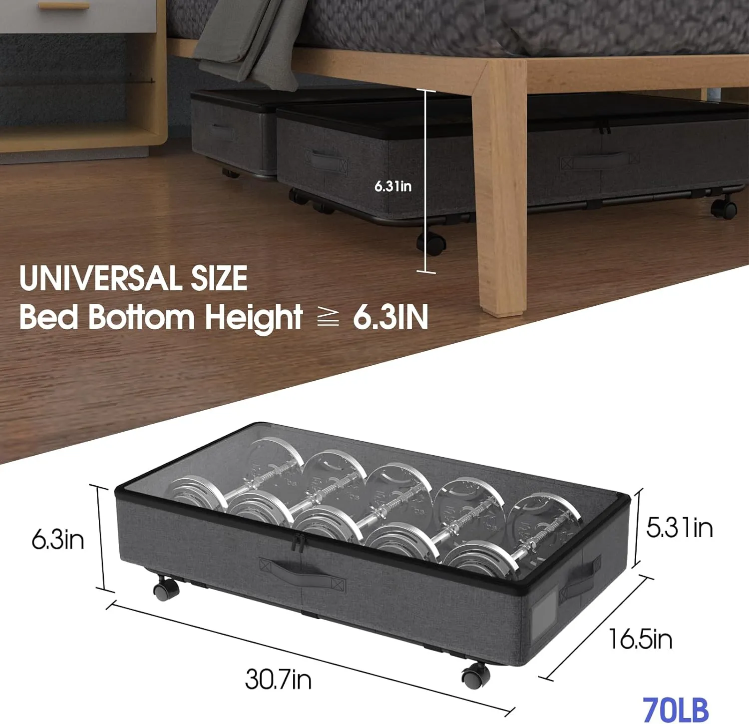 IUI Under Bed Storage with Wheels,50L Capacity Under Bed Storage with Clear Window,Versatile Under Bed Storage Containers for Clothes,Shoes,Books,Toys,Black-1Pack