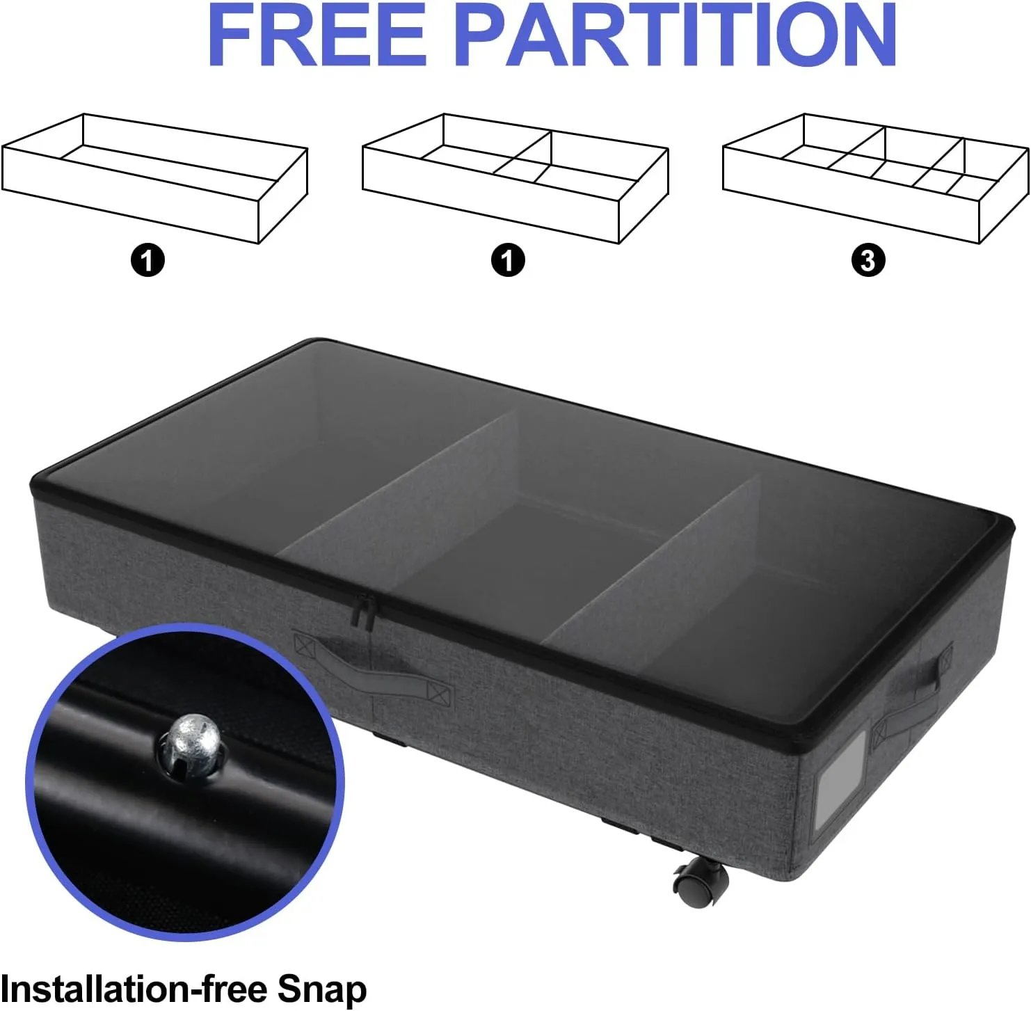 IUI Under Bed Storage with Wheels,50L Capacity Under Bed Storage with Clear Window,Versatile Under Bed Storage Containers for Clothes,Shoes,Books,Toys,Black-1Pack