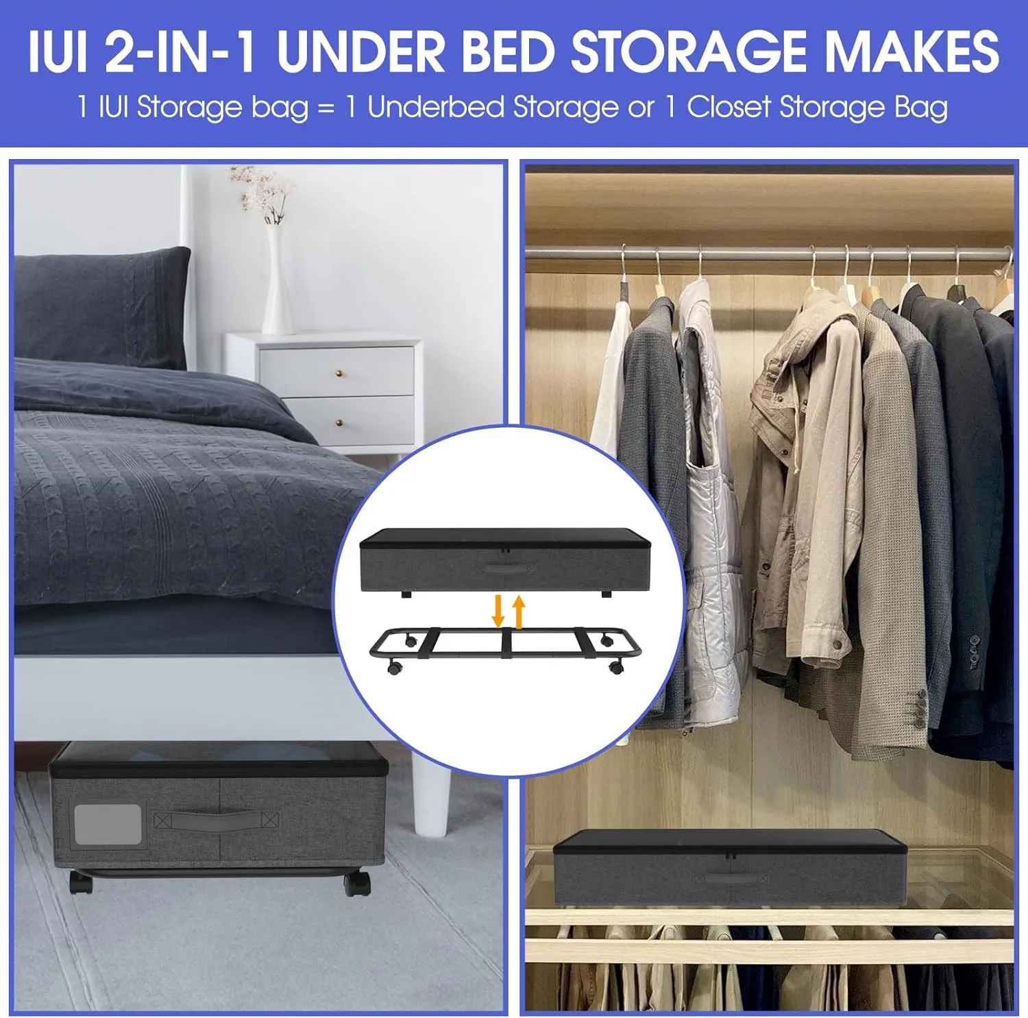 IUI Under Bed Storage with Wheels,50L Capacity Under Bed Storage with Clear Window,Versatile Under Bed Storage Containers for Clothes,Shoes,Books,Toys,Black-1Pack