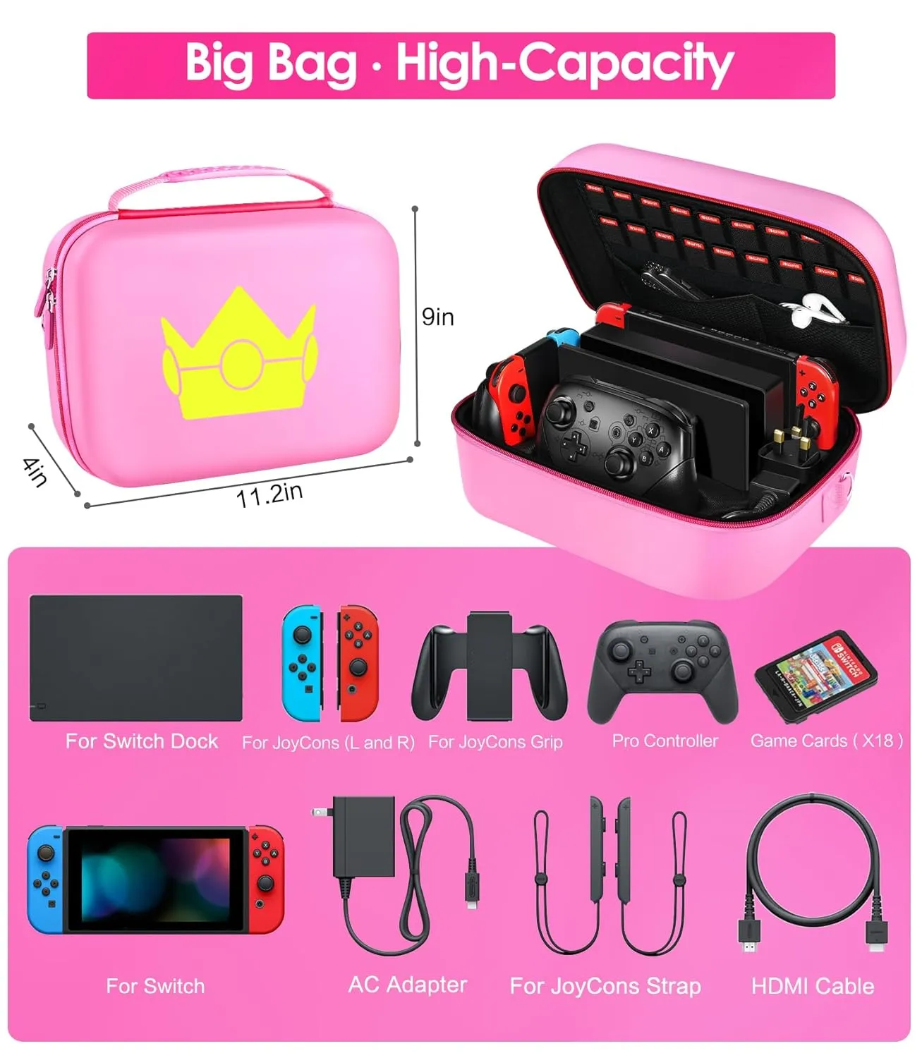 ivoler Carrying Storage Case for Nintendo Switch/Switch OLED Model,Portable Travel All Protective Hard Messenger Bag Soft Lining 18 Games for Switch Console Pro Controller & Accessories (Pink)