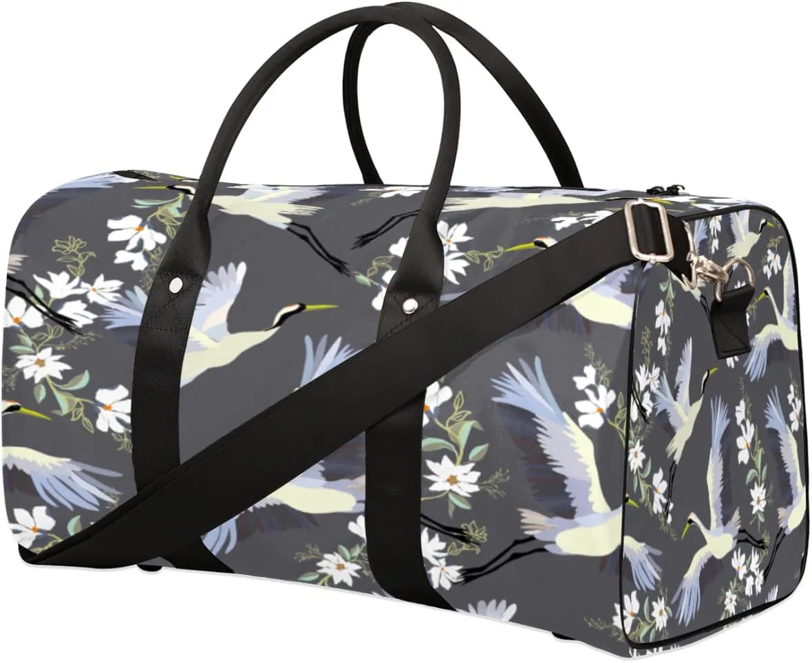Japanese Crane Pattern Travel Duffel Bag, Foldable Sport Gym Tote Bag, Waterproof Weekender Overnight Bag with Shoulder Strap, Carry On Luggage Handbag for Men and Women