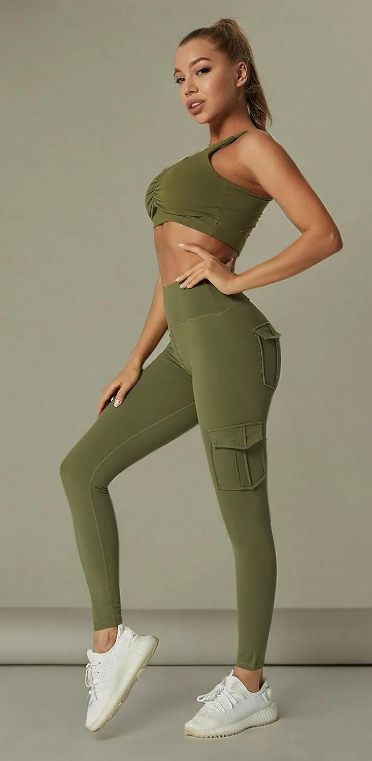JEGGE High Waist Yoga Leggings with 4 Pockets,Tummy Control Workout Running 4 Way Stretch Cargo Pocket Leggings