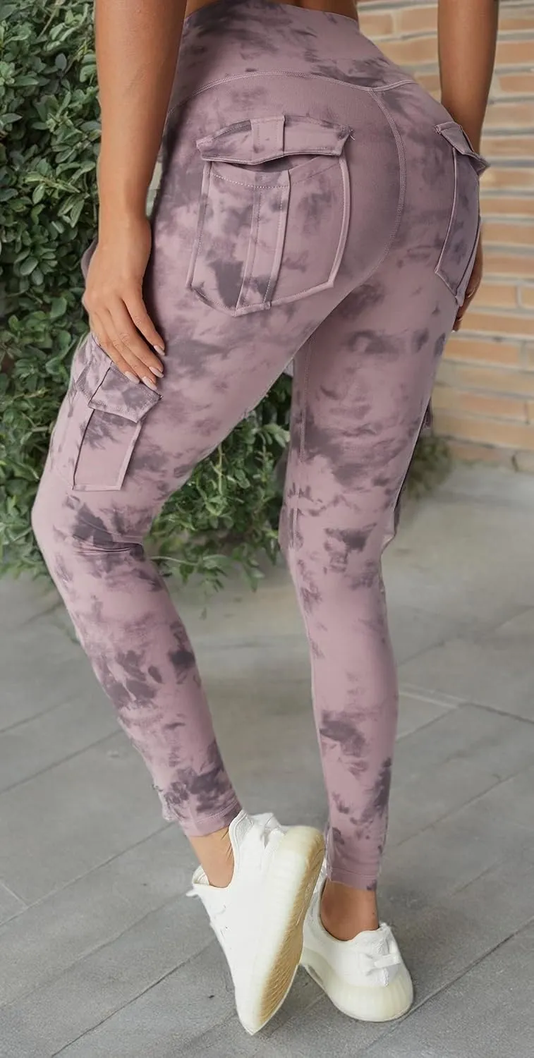 JEGGE High Waist Yoga Leggings with 4 Pockets,Tummy Control Workout Running 4 Way Stretch Cargo Pocket Leggings