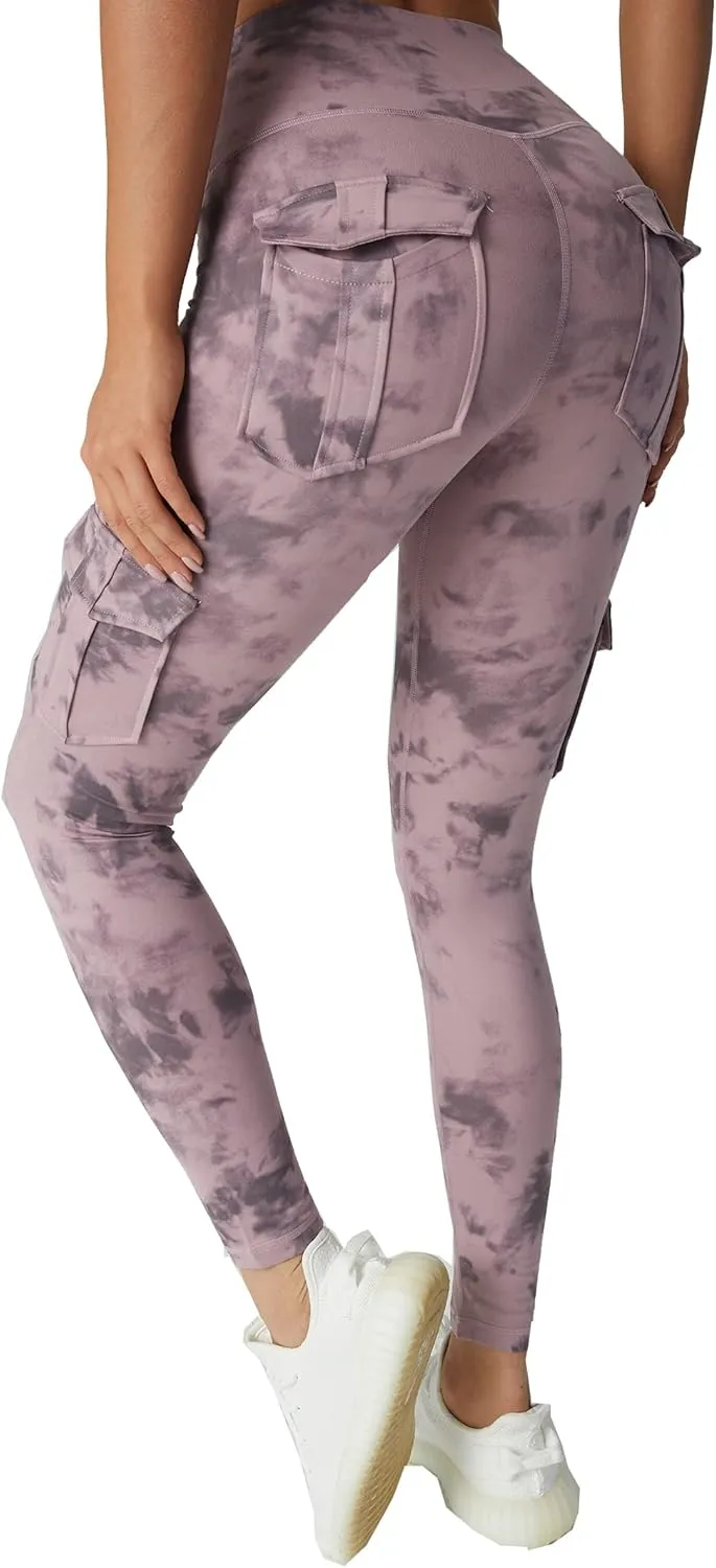 JEGGE High Waist Yoga Leggings with 4 Pockets,Tummy Control Workout Running 4 Way Stretch Cargo Pocket Leggings