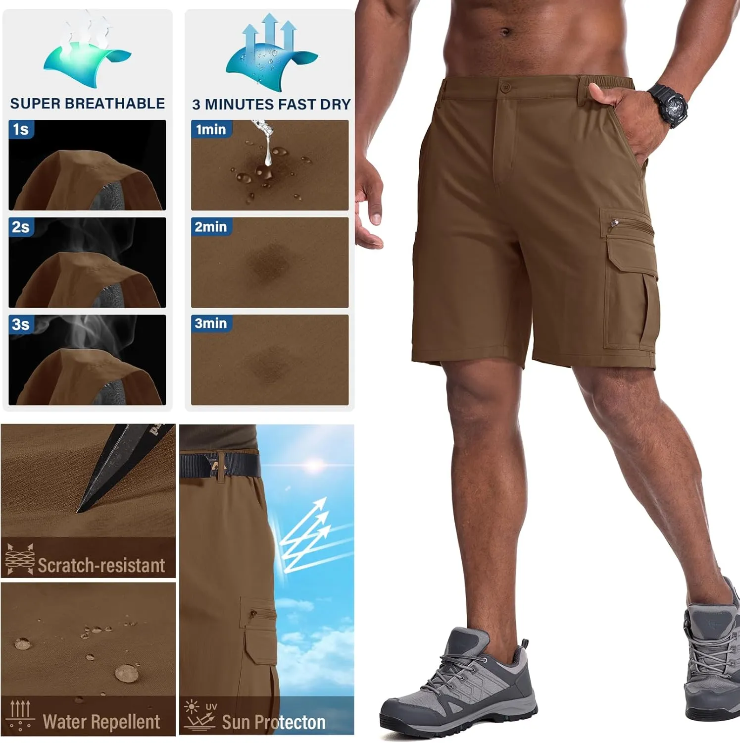 Jessie Kidden Mens Outdoor Casual Expandable Waist Lightweight Water Resistant Quick Dry Fishing Hiking Shorts