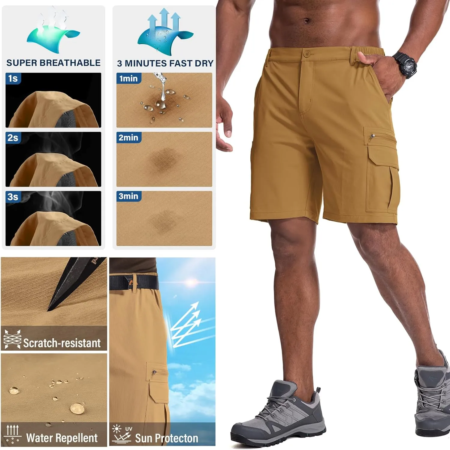 Jessie Kidden Mens Outdoor Casual Expandable Waist Lightweight Water Resistant Quick Dry Fishing Hiking Shorts