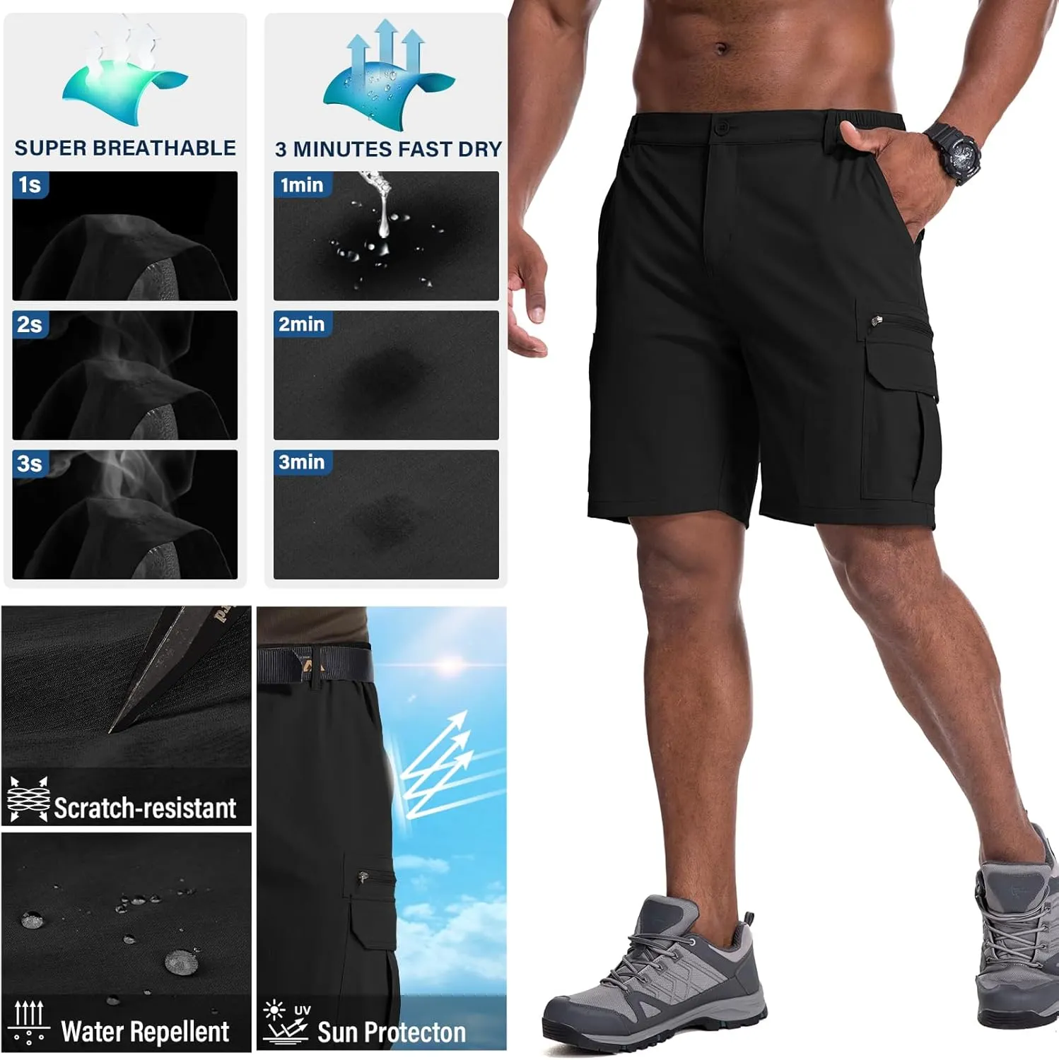Jessie Kidden Mens Outdoor Casual Expandable Waist Lightweight Water Resistant Quick Dry Fishing Hiking Shorts