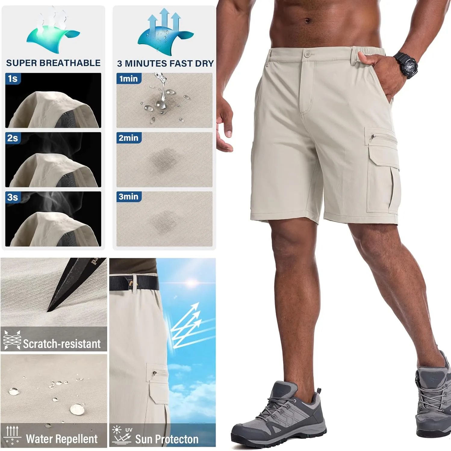 Jessie Kidden Mens Outdoor Casual Expandable Waist Lightweight Water Resistant Quick Dry Fishing Hiking Shorts