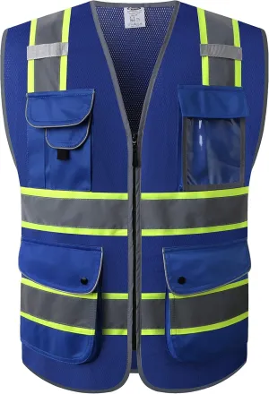 JKSafety 9 Pockets High Visibility Zipper Front MESH Blue Safety Vest | Blue with Dual Tone High Reflective Strips | ANSI/ISEA Standards (100-Blue, L)