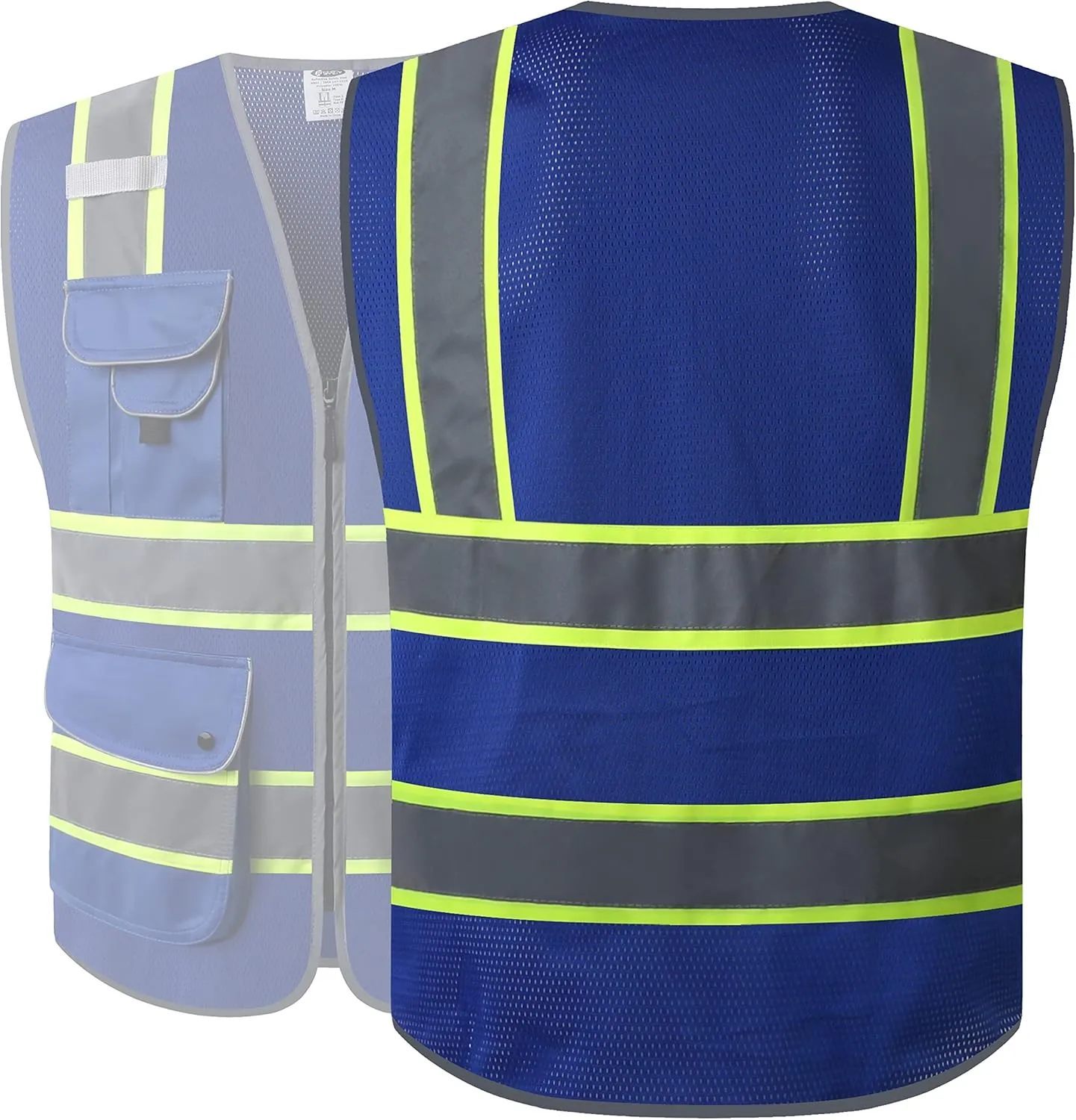 JKSafety 9 Pockets High Visibility Zipper Front MESH Blue Safety Vest | Blue with Dual Tone High Reflective Strips | ANSI/ISEA Standards (100-Blue, L)