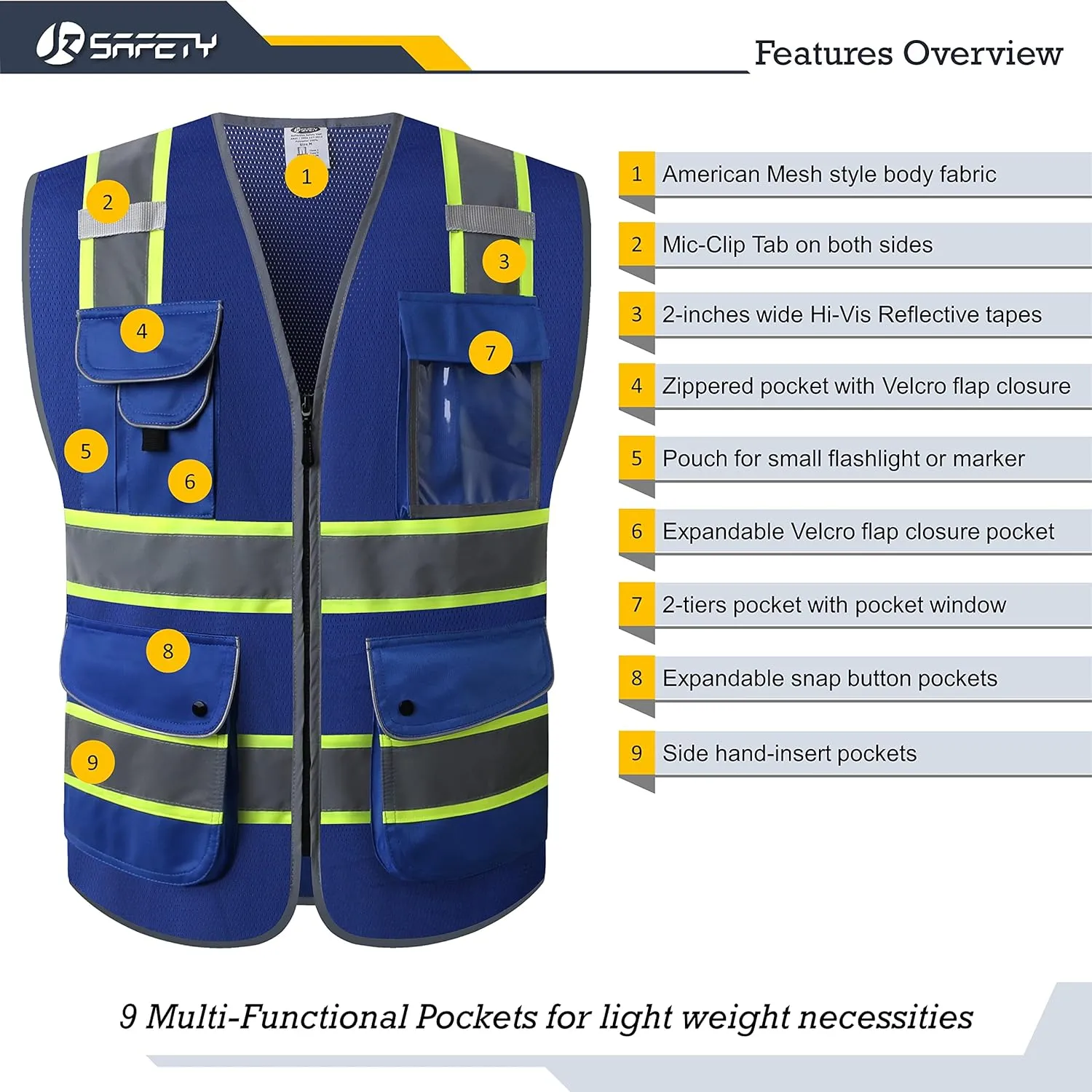 JKSafety 9 Pockets High Visibility Zipper Front MESH Blue Safety Vest | Blue with Dual Tone High Reflective Strips | ANSI/ISEA Standards (100-Blue, L)