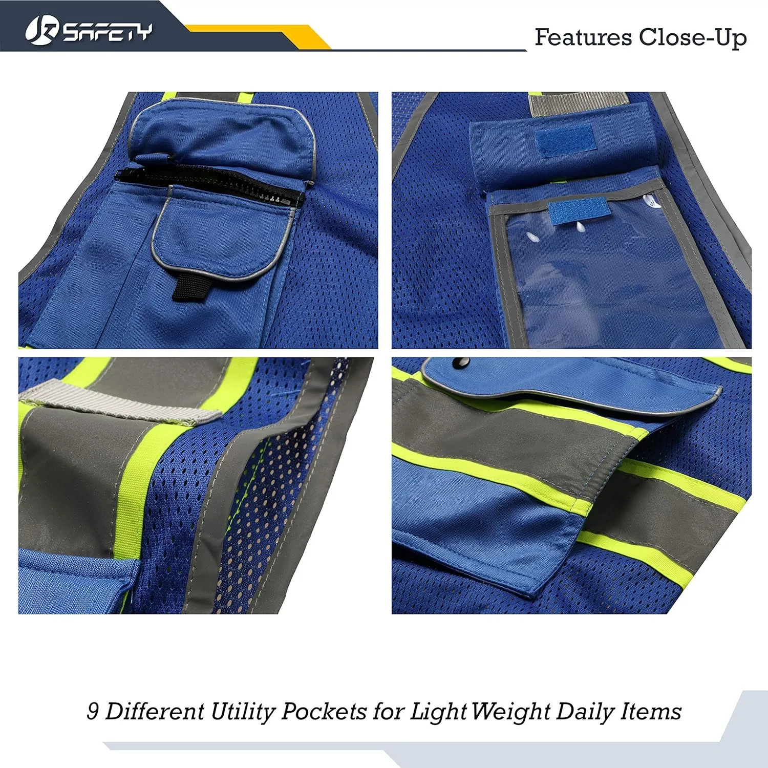 JKSafety 9 Pockets High Visibility Zipper Front MESH Blue Safety Vest | Blue with Dual Tone High Reflective Strips | ANSI/ISEA Standards (100-Blue, L)