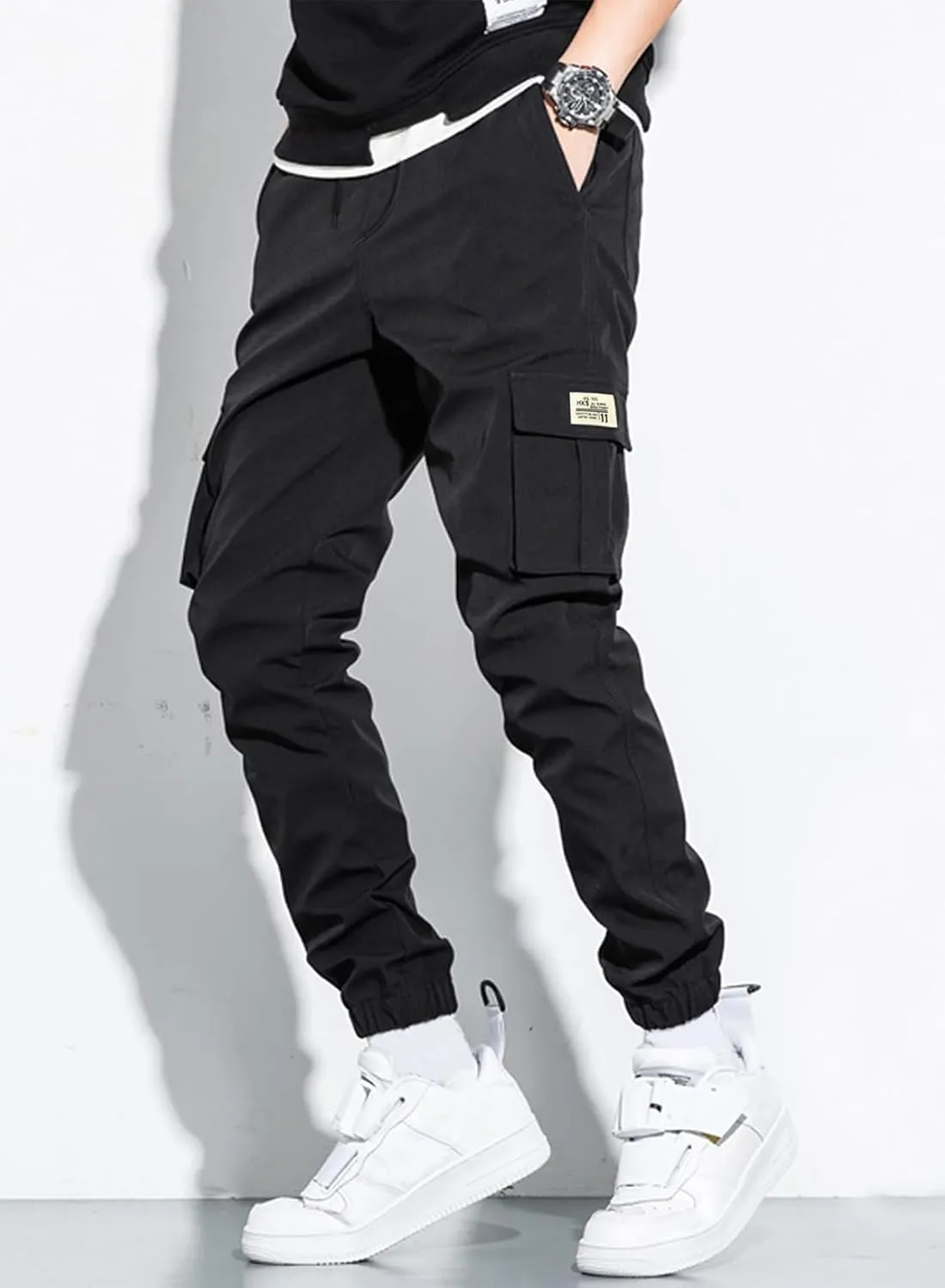 JMIERR Mens Casual Cargo Pants Stretch Elastic Waist Drawstring Joggers Pants Tapered Sweatpants for Men Multi Pockets