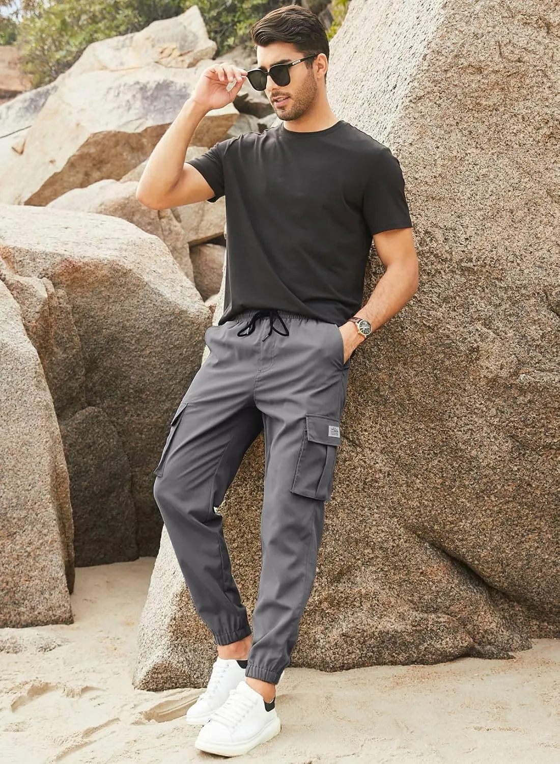 JMIERR Mens Casual Cargo Pants Stretch Elastic Waist Drawstring Joggers Pants Tapered Sweatpants for Men Multi Pockets