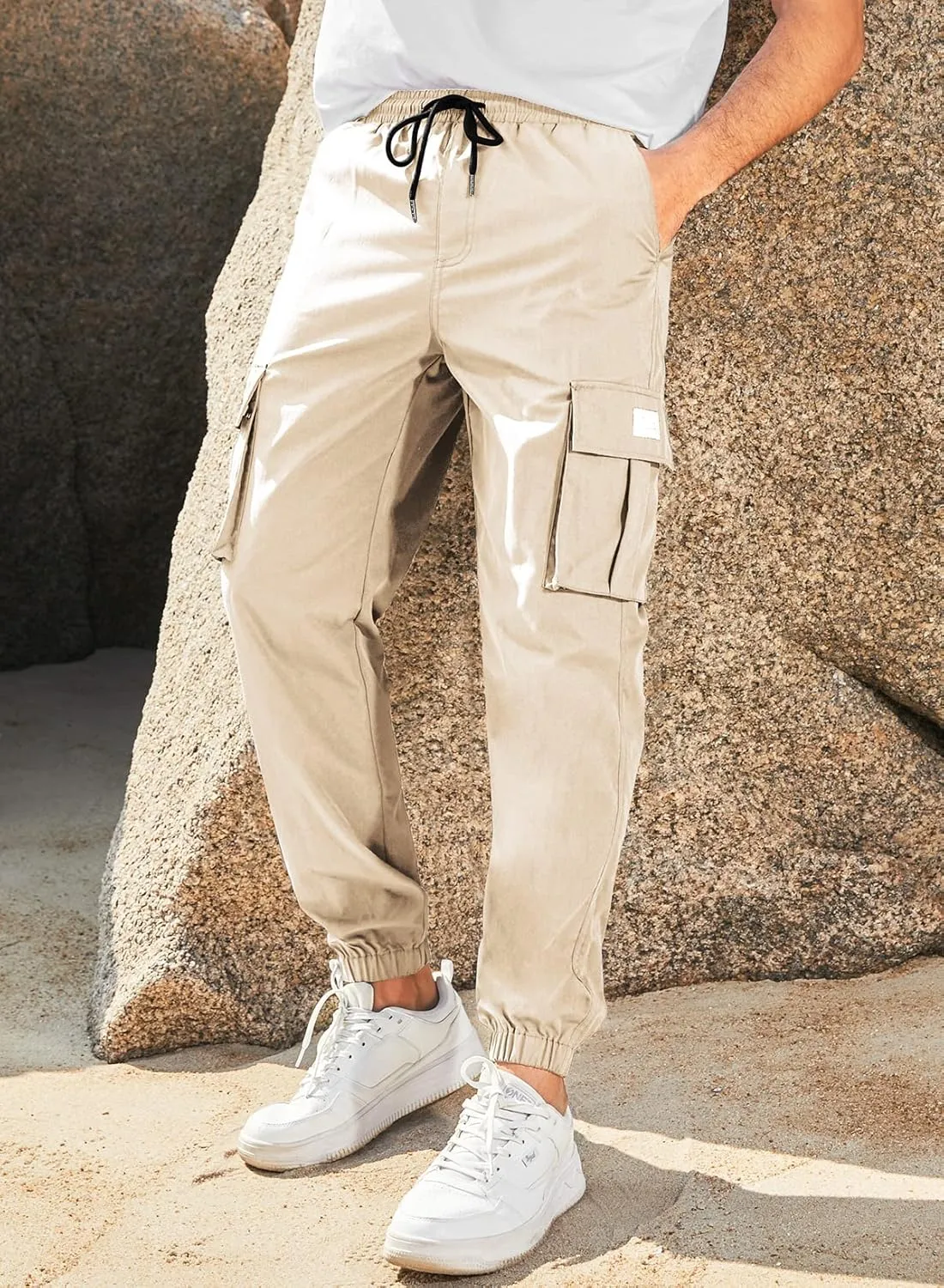 JMIERR Mens Casual Cargo Pants Stretch Elastic Waist Drawstring Joggers Pants Tapered Sweatpants for Men Multi Pockets