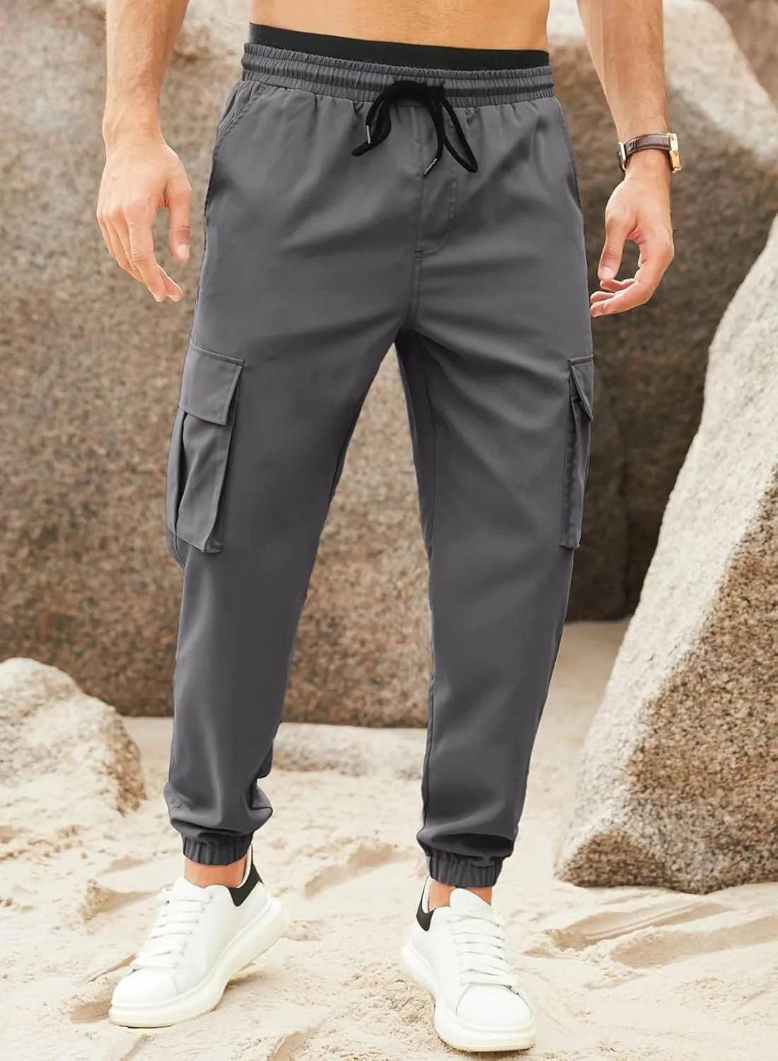 JMIERR Mens Casual Cargo Pants Stretch Elastic Waist Drawstring Joggers Pants Tapered Sweatpants for Men Multi Pockets