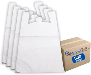 Jumbo White Unprinted HDPE T-Shirt Plastic Bags for Retail, Groceries, Merchandise, Convenience Store, Supermarket, Restaurant - 17"X8"X29" - Pack of 500 Bags - 18 microns