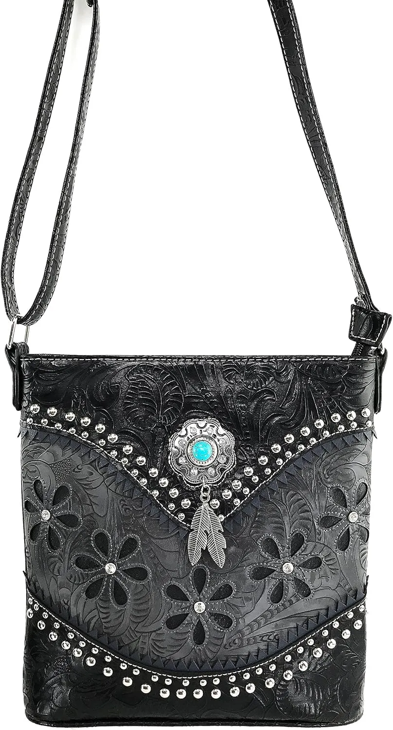 Justin West Turquoise Stone Concho Feathers Western Tooled Studs Concealed Carry Handbag Purse