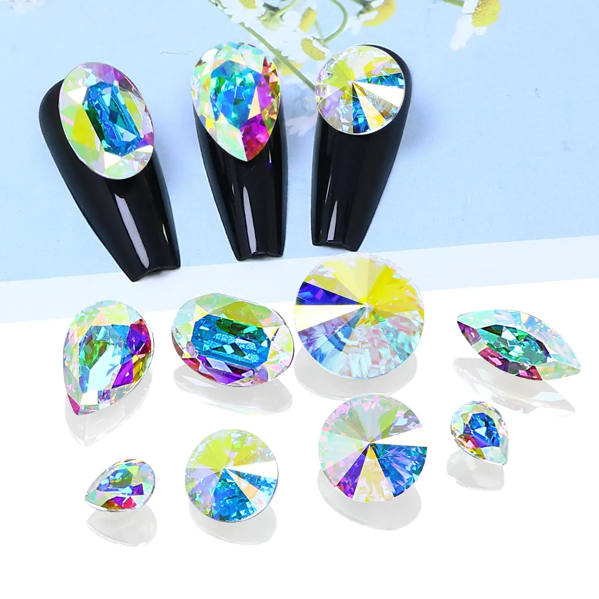 K9 Glass Crystal AB Nail Rhinestones Pointed Back Crystals Mix Sizes Gems Stones Decorations Set for Nail Art Clothing Jewelry Shoes Bags, Especially for Nails Design