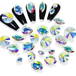 K9 Glass Crystal AB Nail Rhinestones Pointed Back Crystals Mix Sizes Gems Stones Decorations Set for Nail Art Clothing Jewelry Shoes Bags, Especially for Nails Design