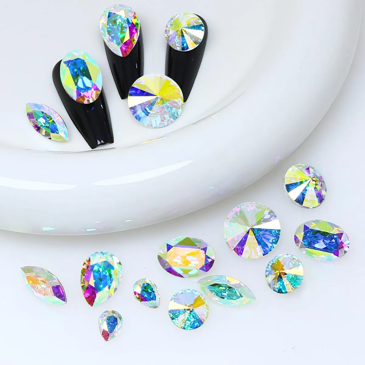 K9 Glass Crystal AB Nail Rhinestones Pointed Back Crystals Mix Sizes Gems Stones Decorations Set for Nail Art Clothing Jewelry Shoes Bags, Especially for Nails Design