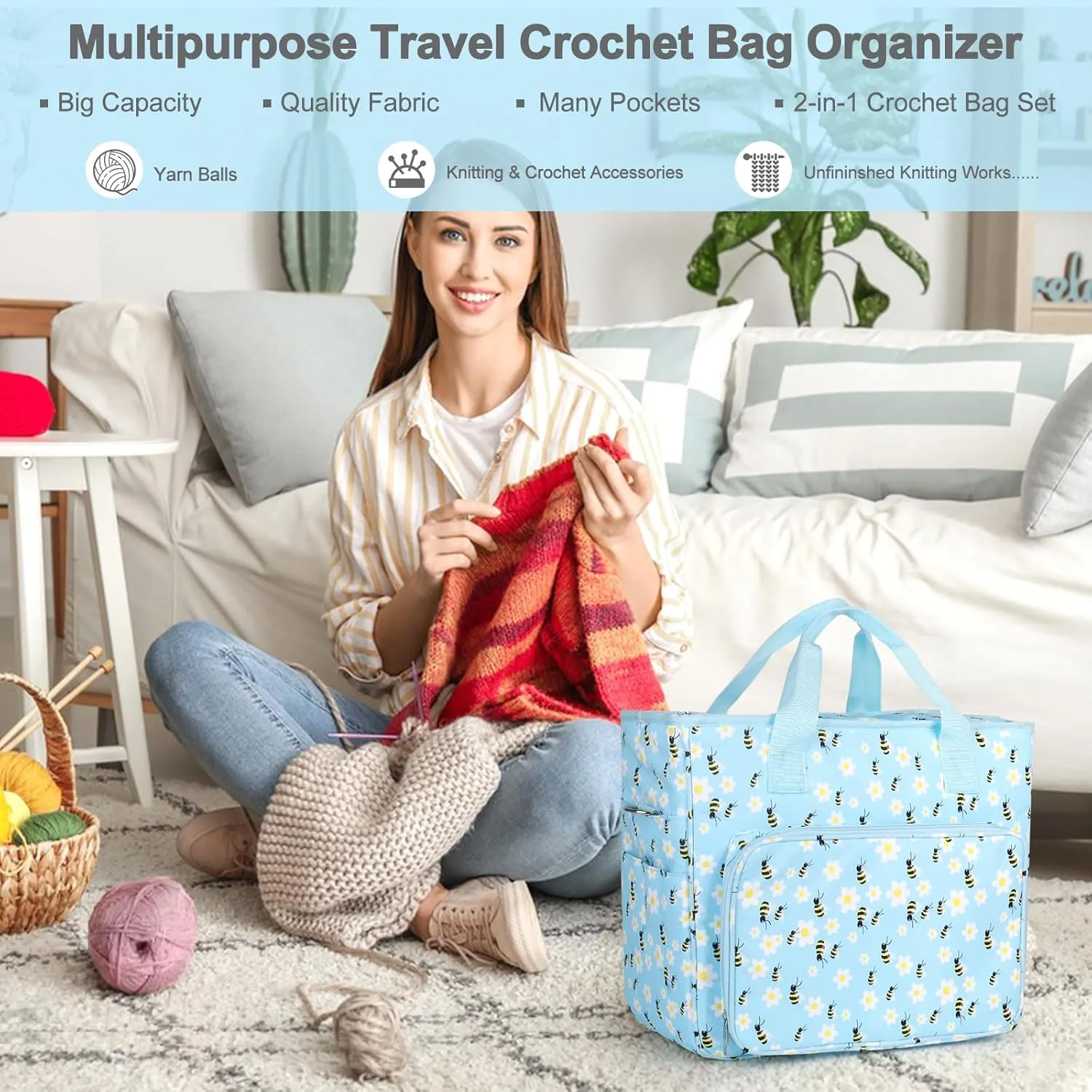 Katech Large Crochet Bag with Beginner Crochet Books, Yarn Storage Organizer Crochet Travel Bag for Crochet Hook, Knitting Accessories, Knitting Bag Crochet Tote Bag for Crochet Lover Gift