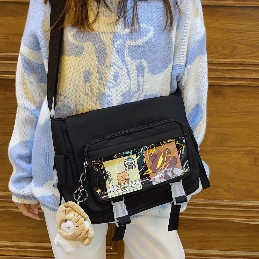 Kawaii Crossbody Bag with cute Pin and Pendant, Lightweight Japanese Messenger Bags Y2K Shoulder Bag for Women Men