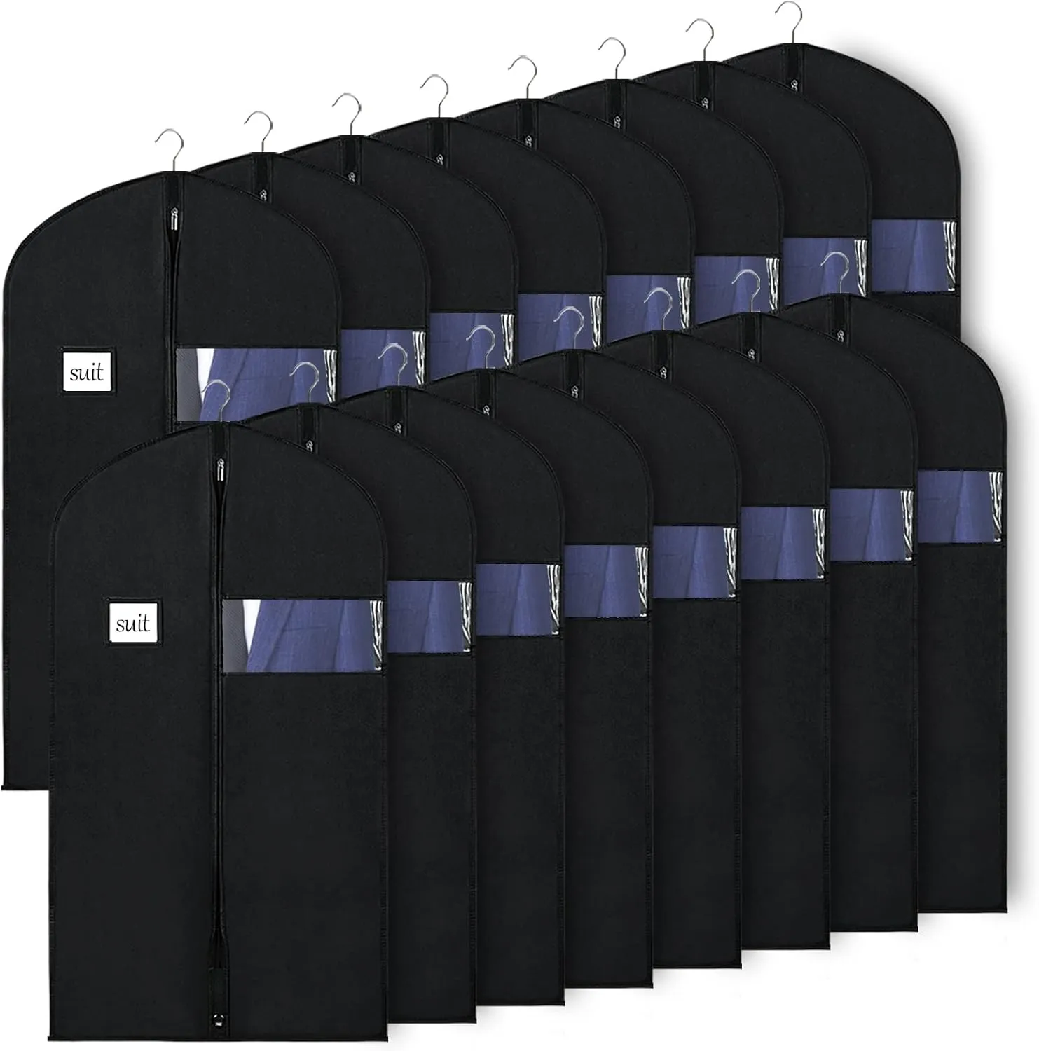 KEEGH 40" Suit Bags for Closet Storage (Set of 16) Garment Bags for Hanging Clothes, Suit Cover Bags for Suits Coats Dress with Zipper and Transparent Window, Black