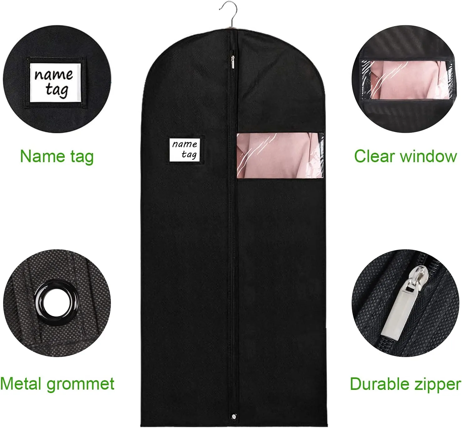 KEEGH Garment Bags for Hanging Clothes 60" (Set of 10) Dress Bags for Gowns Long Dress Bags for Closet Storage with Zipper and Eye-Hole for Folding for Suit Coats Dresses, Black