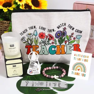 Keluna Teacher Appreciation Gifts for Women - 6Pcs Teacher's Day, Back to School End of Year Birthday Christmas Valentines Thank You Retire Gifts with Candle Makeup Bag Bookmark Keychain
