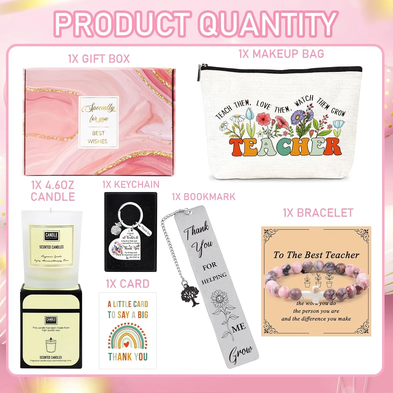 Keluna Teacher Appreciation Gifts for Women - 6Pcs Teacher's Day, Back to School End of Year Birthday Christmas Valentines Thank You Retire Gifts with Candle Makeup Bag Bookmark Keychain