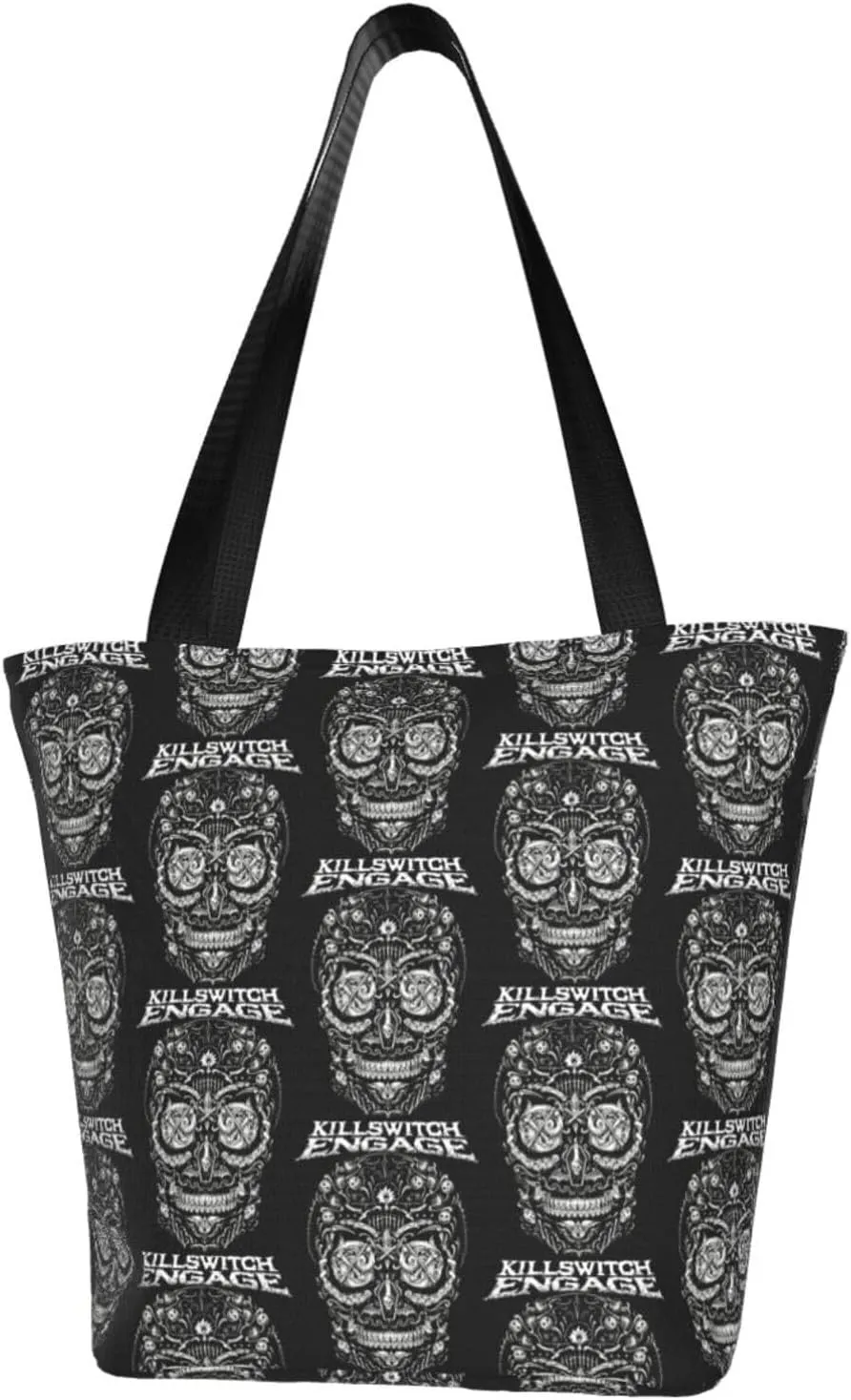 Killswitch Rock Band Engage Reusable Grocery Bag for Kitchen Shoulder Shopping Bag Tote Bags with Zipper for Women Large Capacity Handbag for Indoor Funny Daily Bag Storage Bags